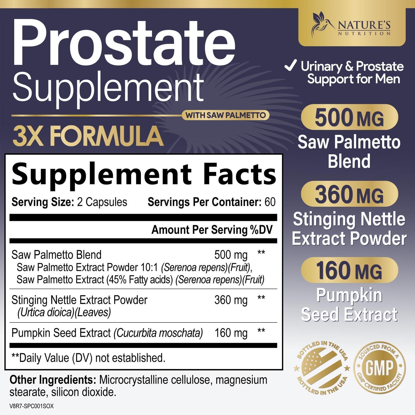 Nature\'s Nutrition Prostate Men Supplement - Support Complex Formula with Saw Palmetto, Beta Sitosterol, Stinging Nettle, Pygeum, Pumpkin Seed, Zinc, Vitamin B6 E - Supports Prostate & Urinary Health - 120 Capsules