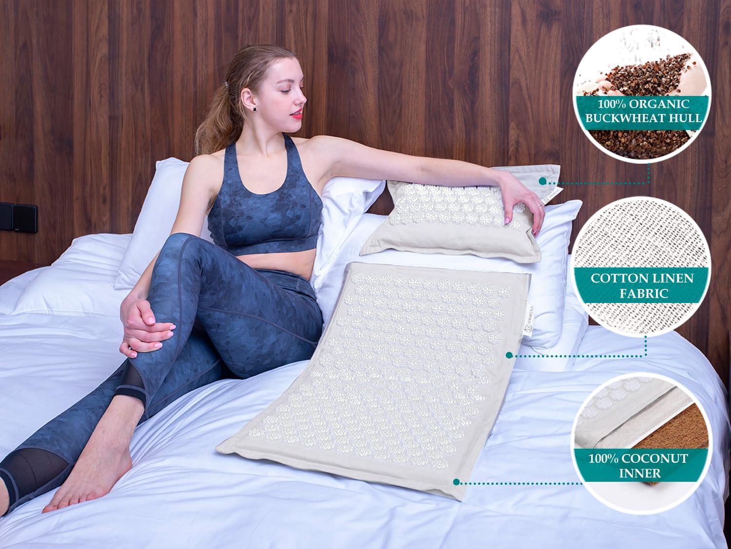 UNMERA UNMERA Acupressure Mat and Pillow Set,Natural Eco Linen & Coconut Fiber Filling,FSA/HSA Eligible,for Back/Neck Pain Relief, Sciatic, Headache and Muscle Relaxation, Comes with Carrying Bag