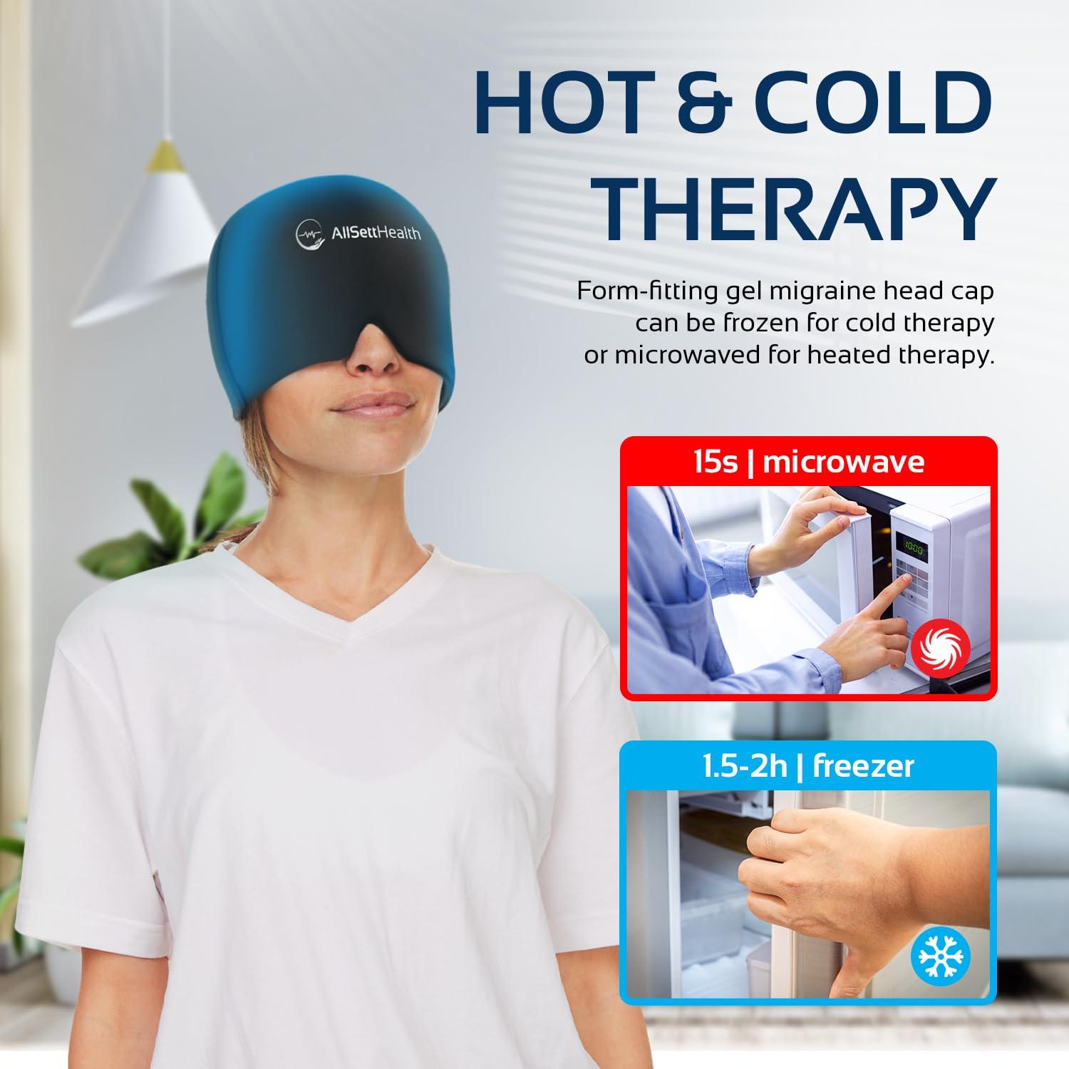 AllSett Health Migraine Relief Cap Ice Head Wrap Headache and Migraine Hat | Headache Relief with Hot/Cold Gel Head Ice Pack with Face and Eye Headache Mask Compress Black - FSA HSA Eligible Items