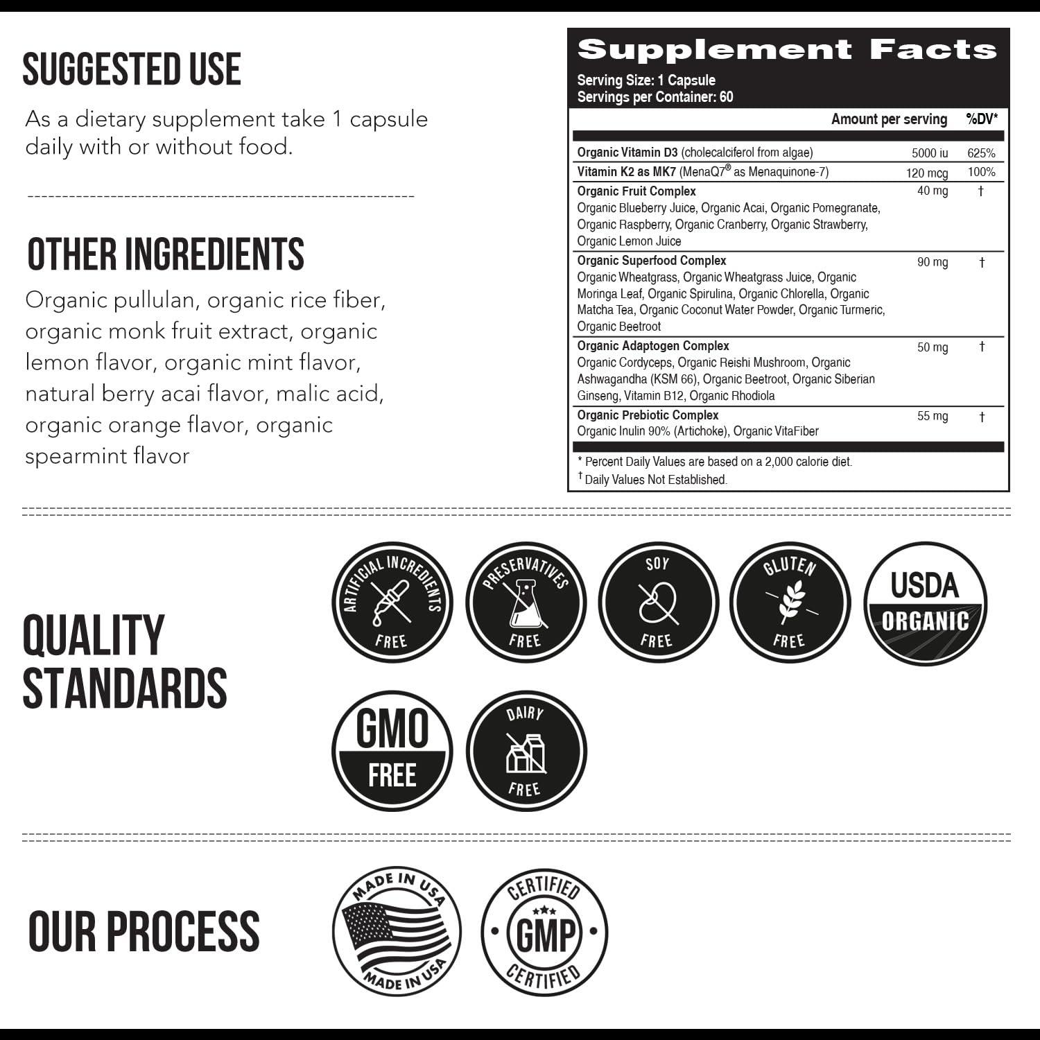 Triquetra Health Organic Plant D3 + K2 | 5000 iu D3 + 120 mcg K2 as All-Trans MK7 from MenaQ7 - 100% Whole Food, Raw & Vegan | Enhanced Digestion with Prebiotic & Superfood Complex D3 from Organic Algae (60 Count)