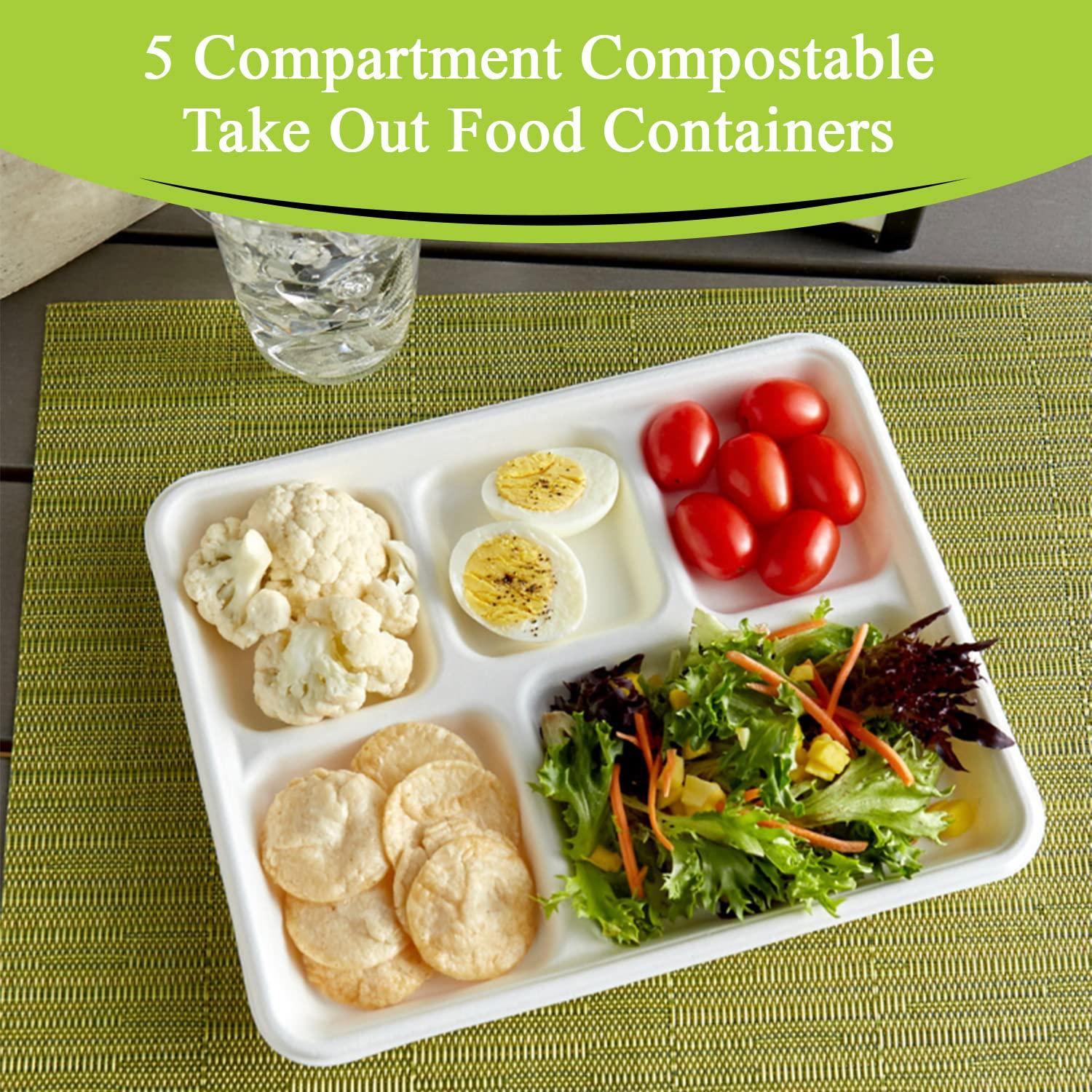 Three Leaf Three Leaf 5 COMPARTMENT BAGASSE (SCHOOL) TRAY 150 Ct. Heavy-Duty- Super Strong- Natural- Eco-Friendly Disposable Bagasse Plates, 100% Biodegradable 5 Compartment meal Plates