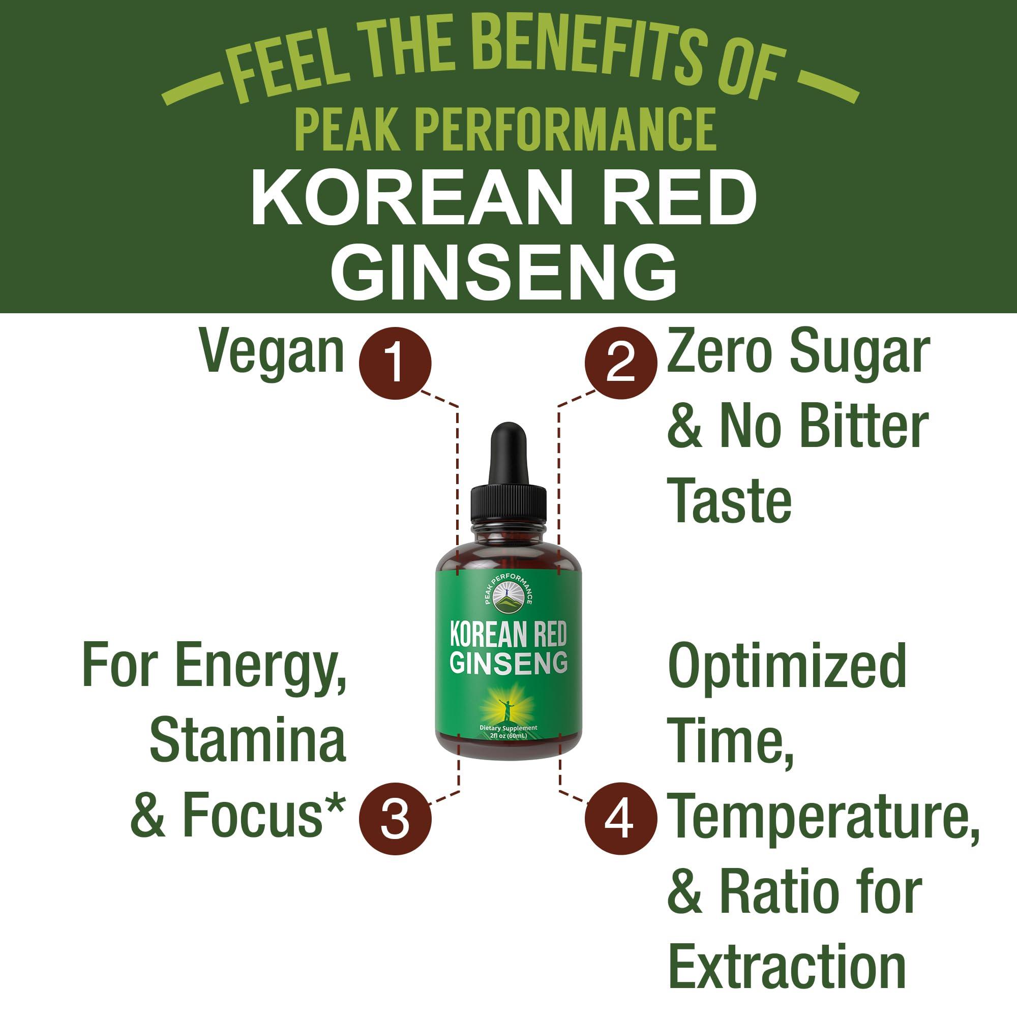 Peak Performance Korean Red Ginseng Liquid Drops with Pleasant Taste. from Panax Korean Root Extract for Energy, Stamina, Focus. Vegan Nootropic, Zero Sugar Oil Tincture Herbal Supplement for Men and Women