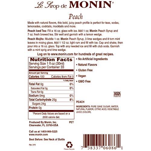 Monin Monin - Peach Syrup, Fresh and Juicy Flavors, Great for Iced Teas, Lemonades, and Sodas, Non-GMO, Gluten-Free (1 Liter)