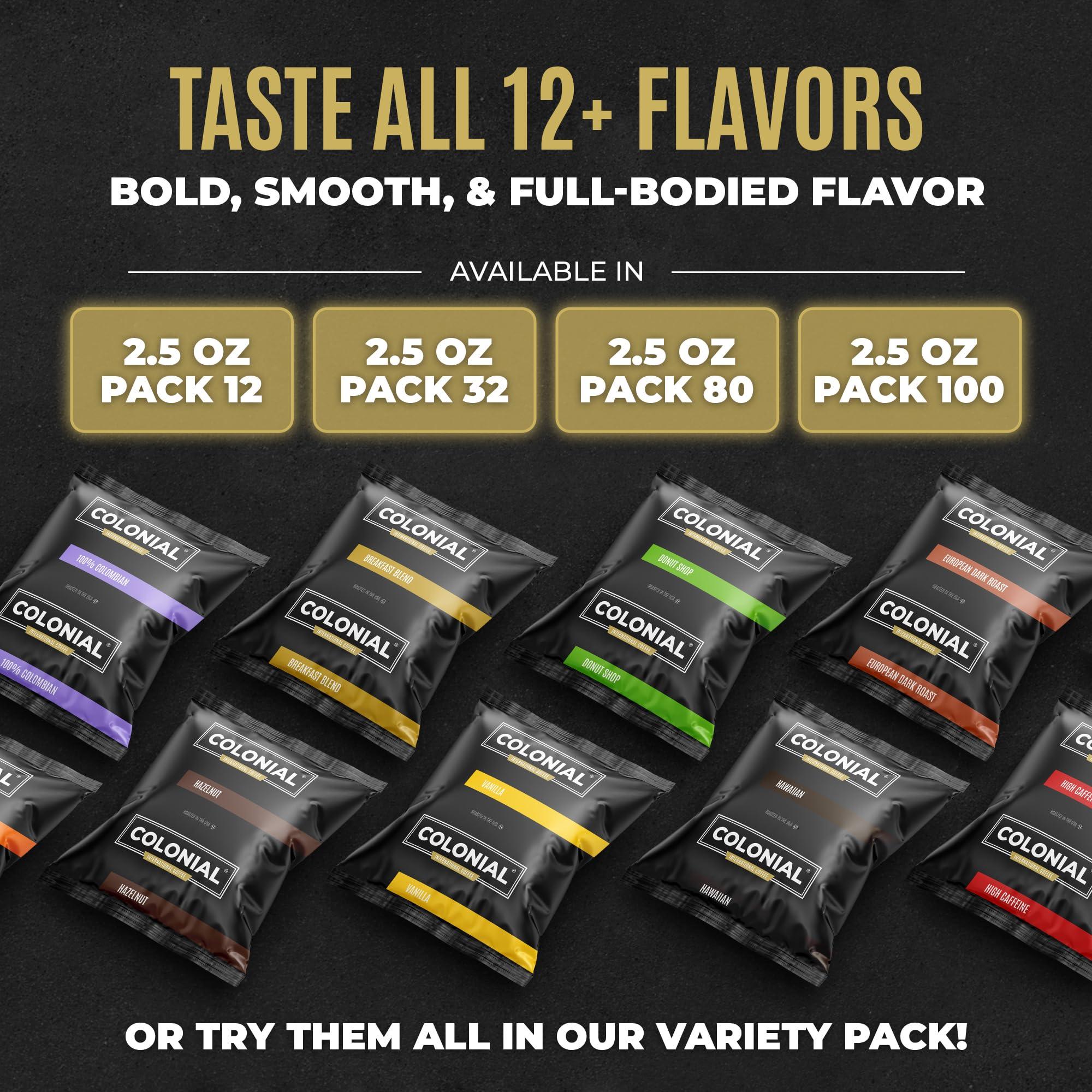 COLONIAL INTERNATIONAL COFFEE Colonial Coffee Packets, Pre Ground Coffee Packs, Assorted Variety Pack, Medium & Dark Roast Blends, Bulk Single Pot Bags for Drip Coffee Makers, (2.5 oz Bags, Pack of 12)