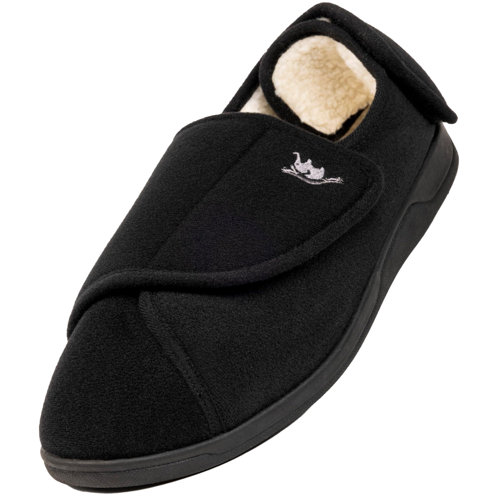 EUROPEAN SOFTEST Womens Memory Foam Diabetic Slippers, Extra Wide Adjustable House Shoes, Plush Fleece for Arthritis, Edema, Swollen Feet, Anti-Slip Rubber Soles, Machine Washable, Indoor Outdoor Use (9, Black/White)