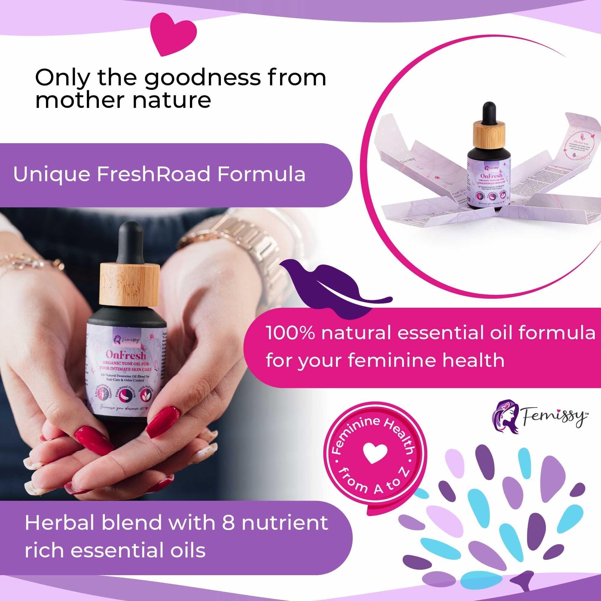 Femissy Heat Patches for Menstrual Cramps Based on Flow Strength, 1 Single Patch for Weak & Normal Flow + Natural Yoni Vulva Oil for Women PH Balance & Dryness (1 fl oz) Sensitive Skin Herbal Moisturizer