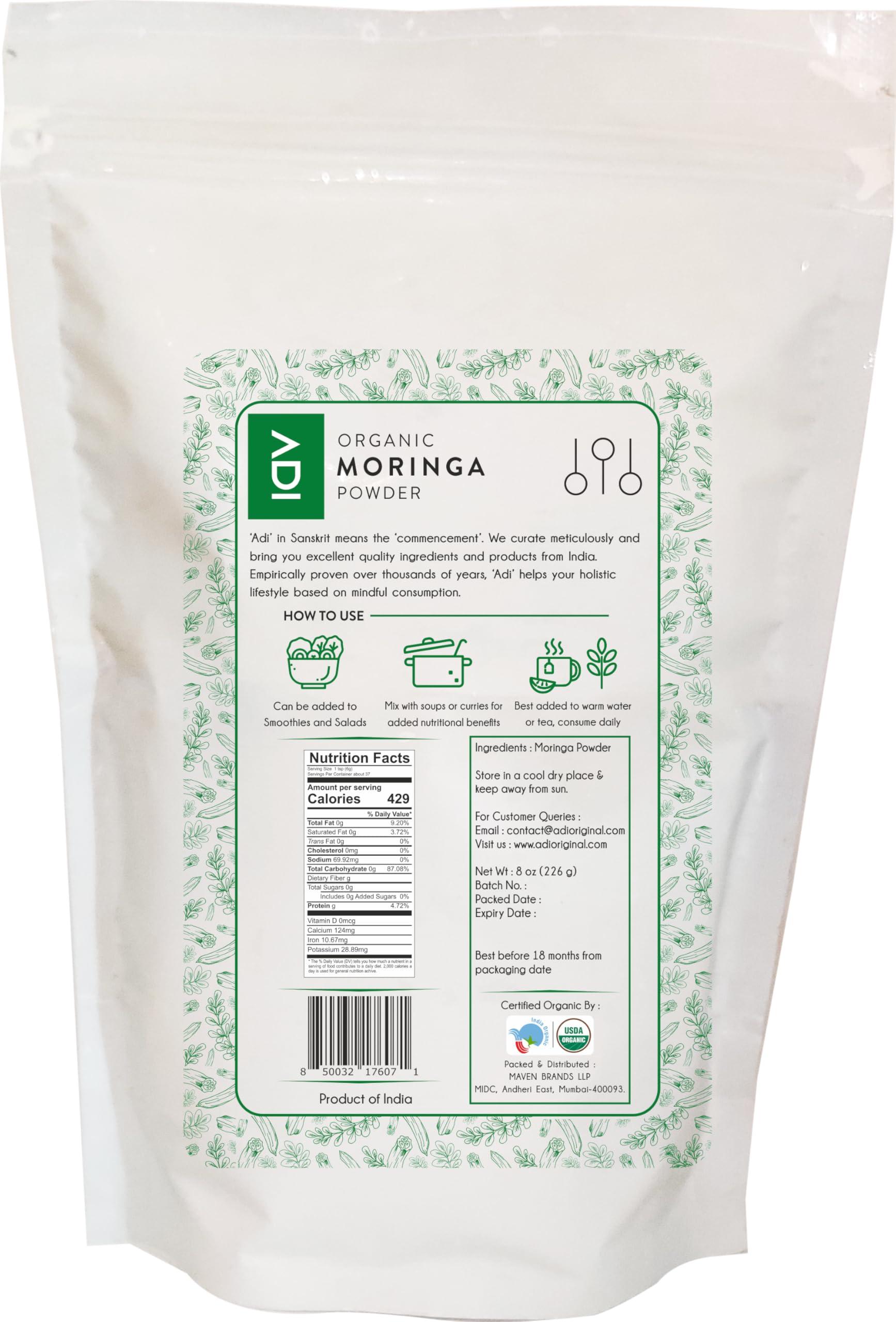 ADI ADI Organic Moringa Powder 8oz, Pure Moringa Superfood for Immune Support, Moringa Tea, Made from Organic Moringa Leaves, USDA Certified