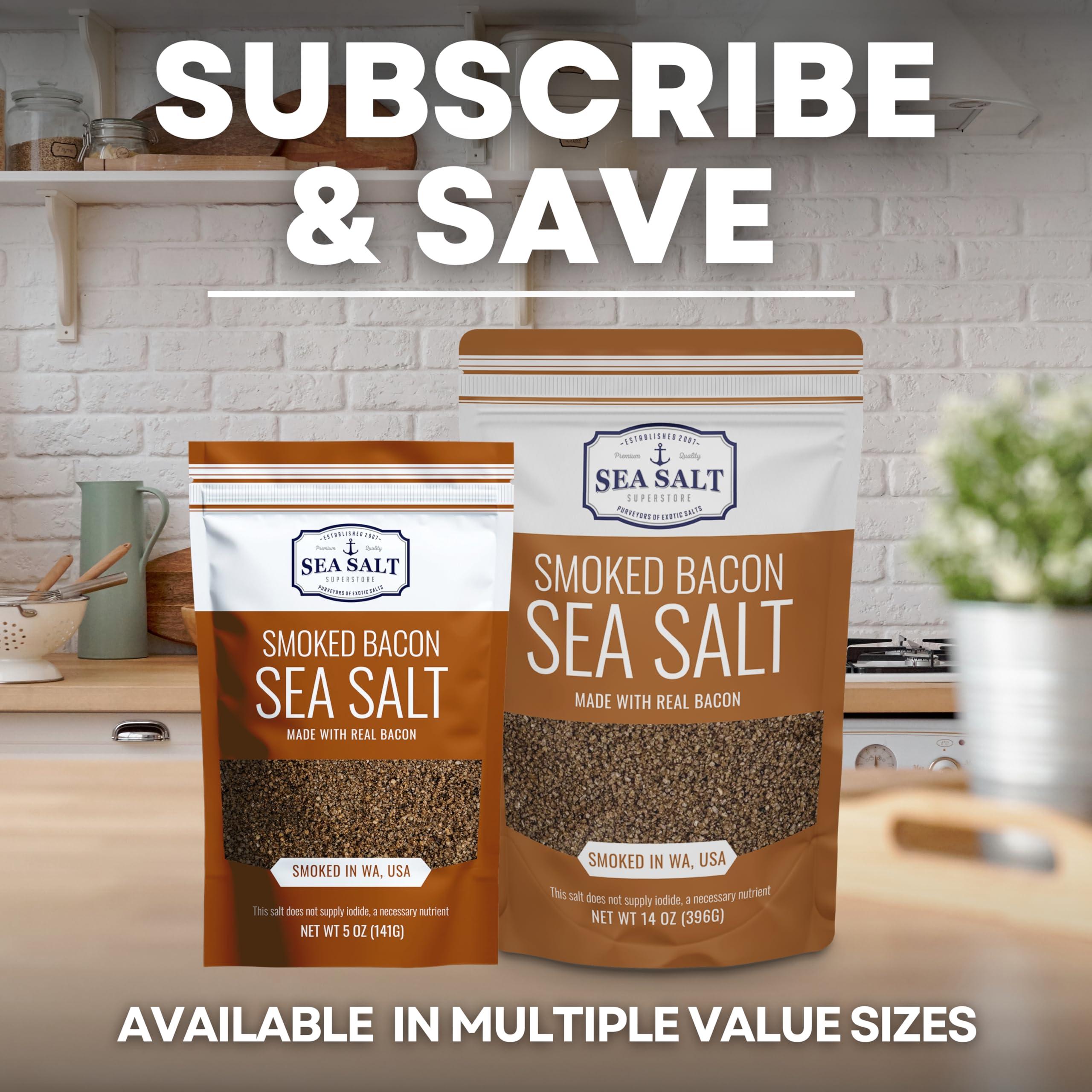Sea Salt Superstore Smoked Bacon Sea Salt, Bacon Seasoning Smoked Salt, Alderwood Smoked Sea Salt, Bacon Infused Cooking and Finishing Salt, 5 oz Bag Bacon Salt, Sea Salt Superstore