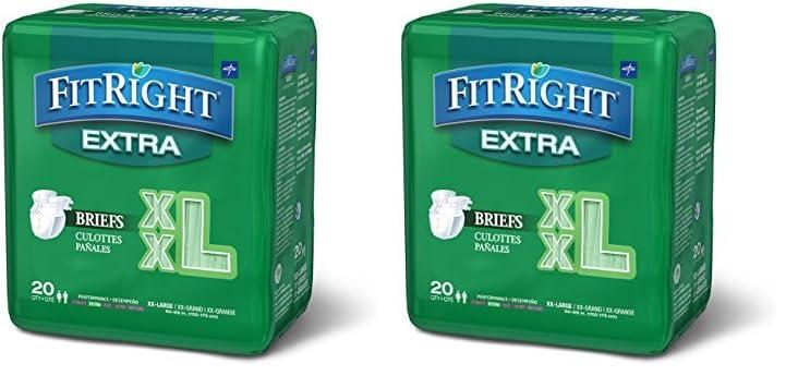 Medline FitRight OptiFit Extra Adult Briefs, Incontinence Diapers with Tabs, Moderate Absorbency, 2XL, 60 to 70\", 20 Count (Pack of 2)