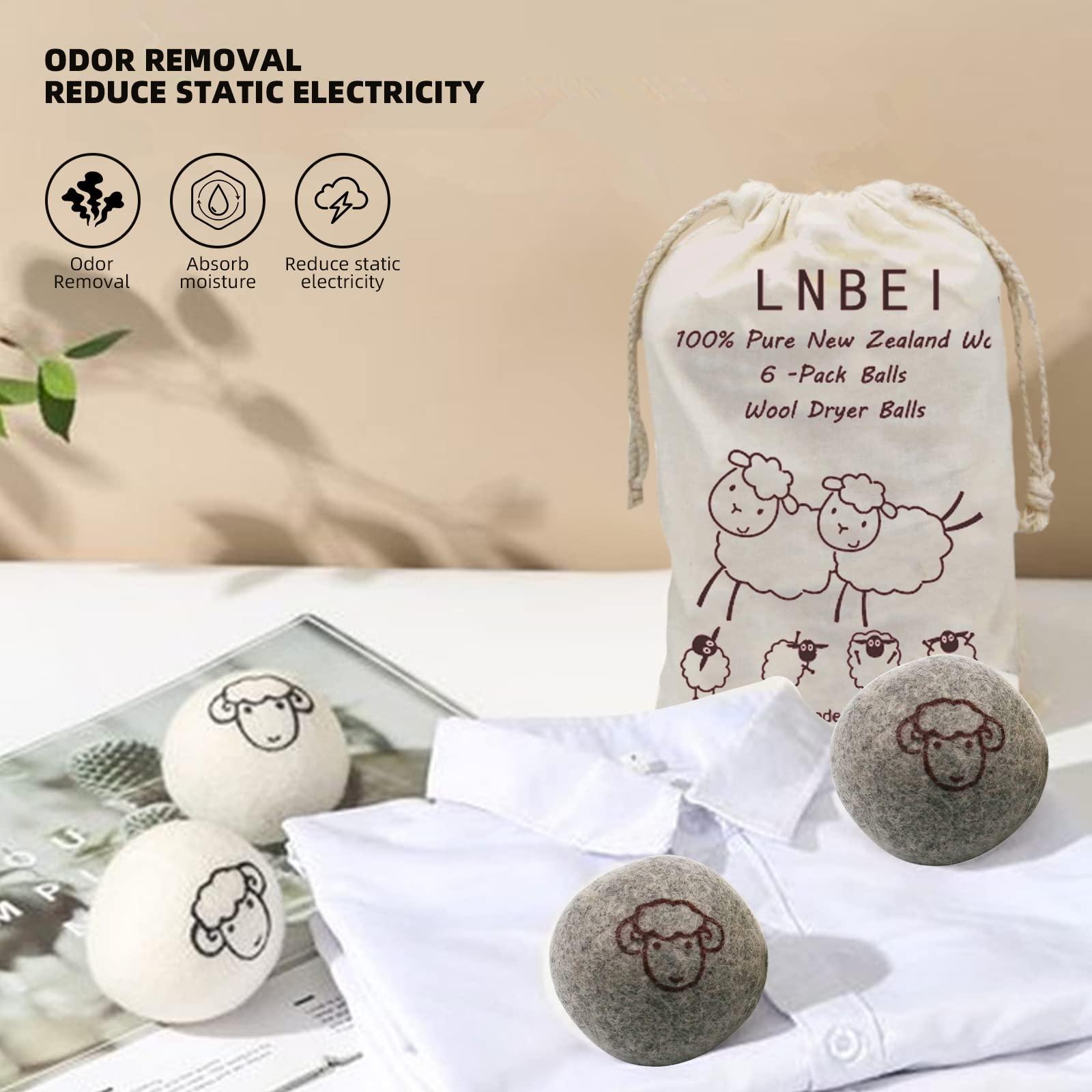 LNBEI Wool Dryer Balls - 6 PCS Tumble Dryer Balls, Hypoallergenic, Reusable, Anti Static Tumble Dryer Balls, Natural Fabric Softener, Reduce Drying Time and Wrinkles, Wool Balls for Tumble Dryer