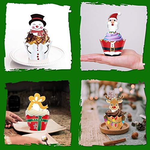 Omgouue Christmas Cupcake Toppers and Wrappers Party Supplies/Favors - Snowman/Santa Claus/Reindeer/Gift Box 48 set