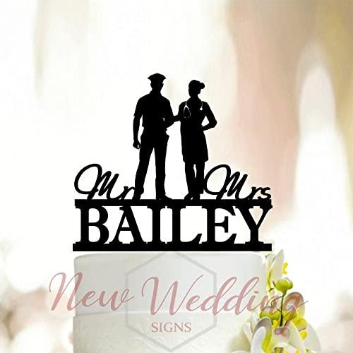 UTF4C Policeman and doctor Cake Topper,Police Officer Wedding Cake Topper,Policeman Wedding Cake Topper,Rose Gold topper,Nurse Cake Topper