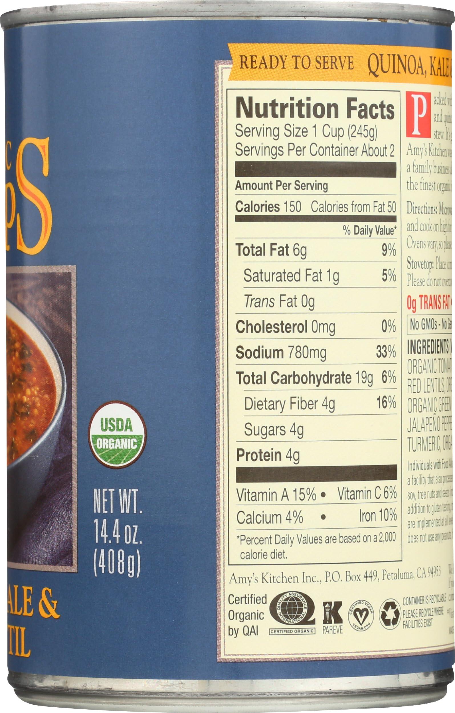 Amy's Amy\'s Soup, Vegan Quinoa, Kale and Red Lentil Soup, Gluten Free, Made With Organic Vegetables and Lentils, Canned Soup, 14.4 Oz