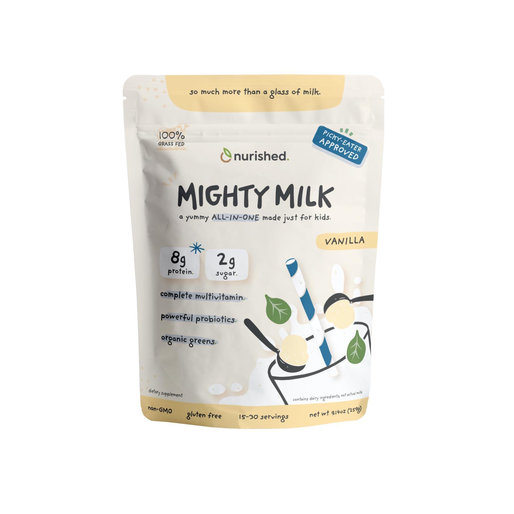 Nurished Nurished Vanilla Mighty Milk - Kids All-in-One Daily Protein Powder & Multivitamin Boosted with 2 Billion Probiotics & Organic Spinach - Natural Flavors, Colors & Sweeteners - 15-30 Servings