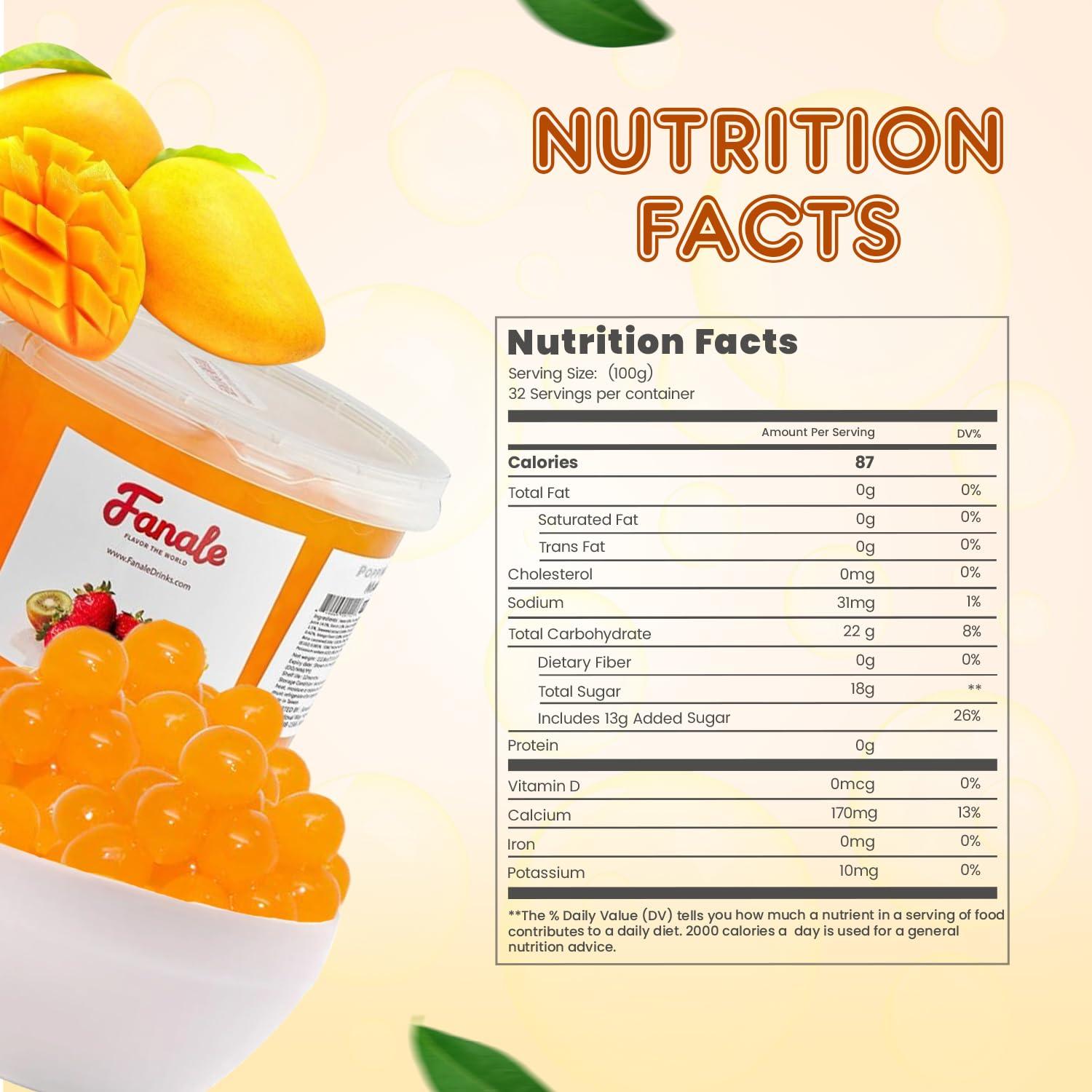 Fanale Fanale Mango Popping Boba Pearls, Vegan, Non GMO, Gluten Free, Fat Free, Perfect for Bubble Tea, Smoothies, Ice Cream, Desserts, and Beverages.