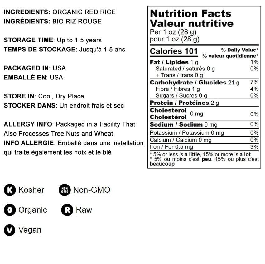 Food to Live Food to Live Organic Red Rice, 5 Pounds  Non-GMO, Whole Long-Grain Variety, Non-Sticky, Vegan, Kosher. Source of Protein. Rich in Antioxidants. Great as Side Dish. Perfect for Pilafs, Stir-Fries.