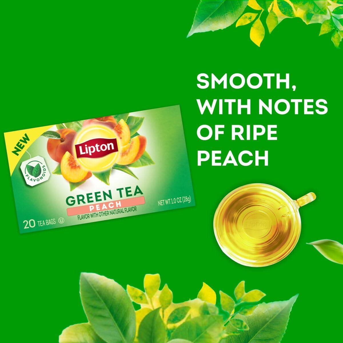 Lipton Lipton Peach Green Tea Bags, Flavored, Unsweetened Teabags for Hot Tea or Peach Iced Tea with Caffeine and Flavonoids, 20 Total Tea Bags (Pack of 3)