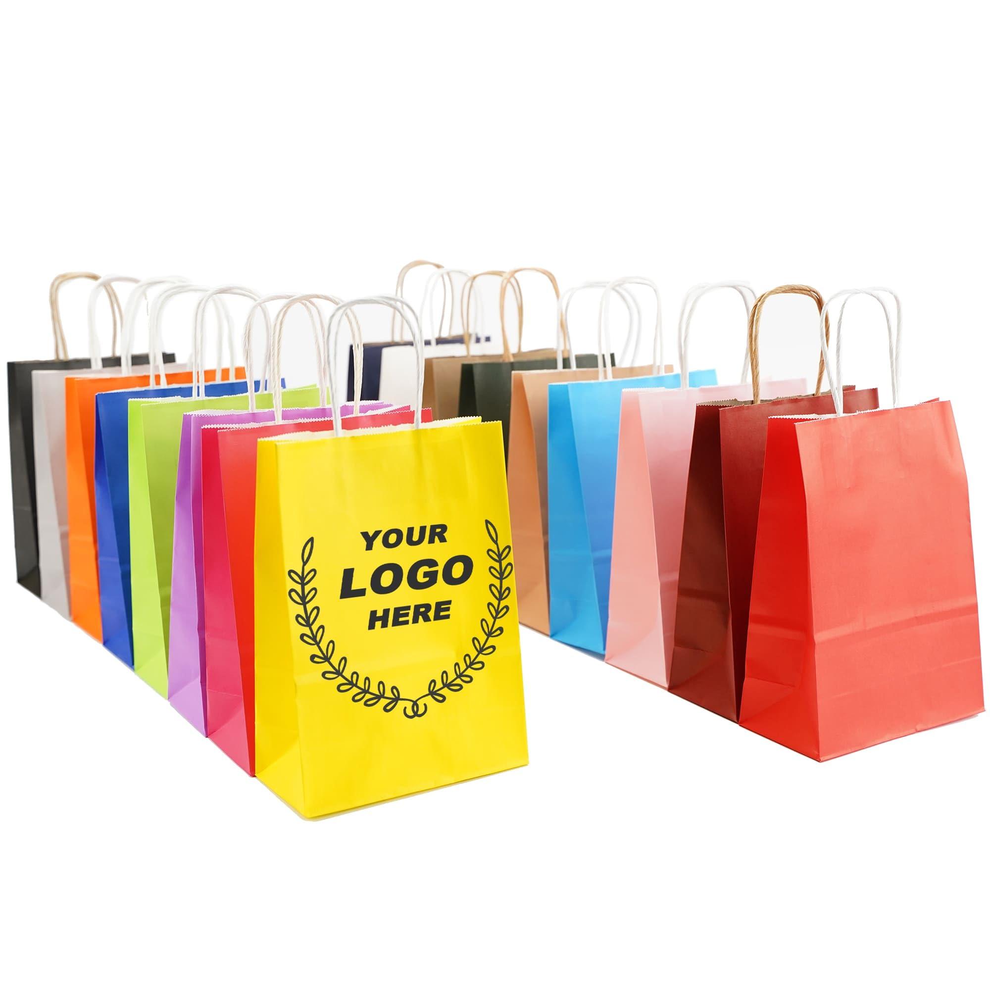 SOUTH GIANT Custom Printed Kraft Paper Bags for Small Business, 10.5x8.5x4.25 inch Medium Size, Personalized Retail Gift Bags with Logo, White Shopping Paper bag with Handle, Goodie Bags (50pcs - White)