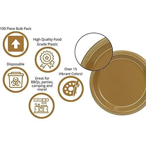 Exquisite Exquisite 7 Inch. Gold Plastic Dessert/Salad Plates - Solid Color Disposable Plates - 100 Count