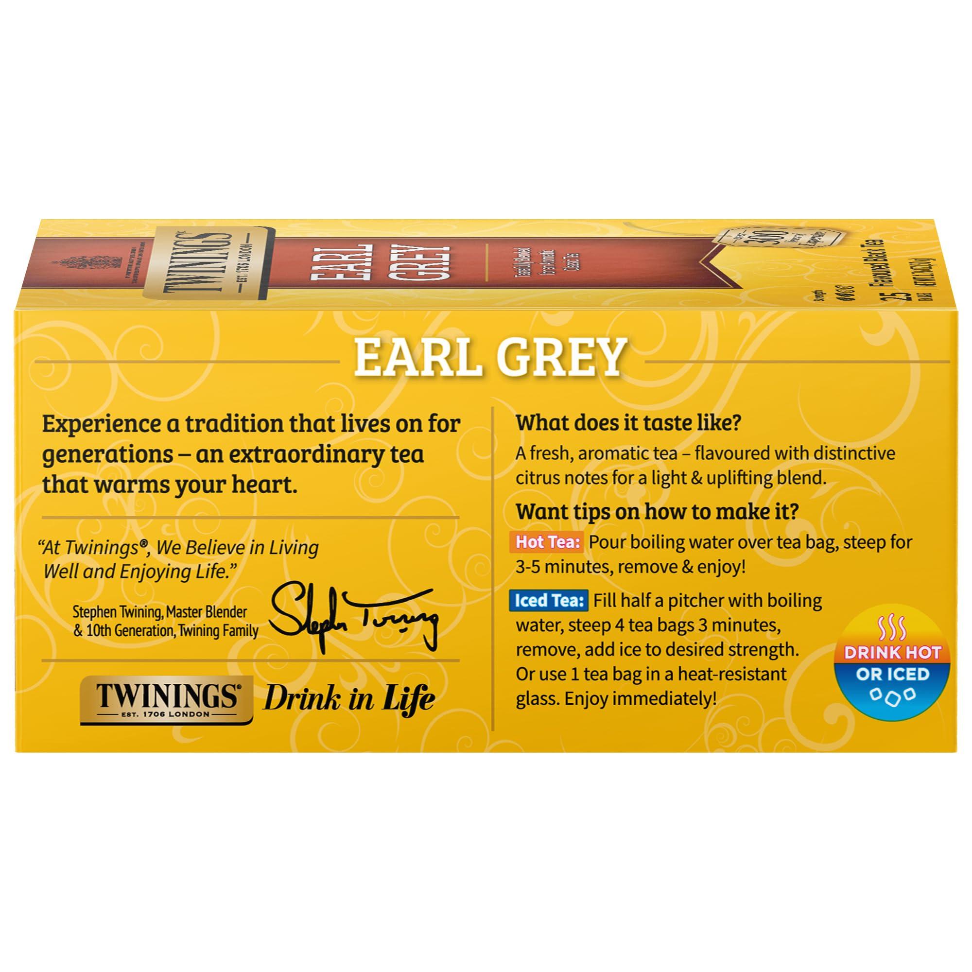 Twinings Twinings Earl Grey Black Tea Individually Wrapped Bags, 25 Count (Pack of 6), Includes Citrus and Bergamot Flavour, Caffeinated, Enjoy Hot or Iced | Packaging May Vary