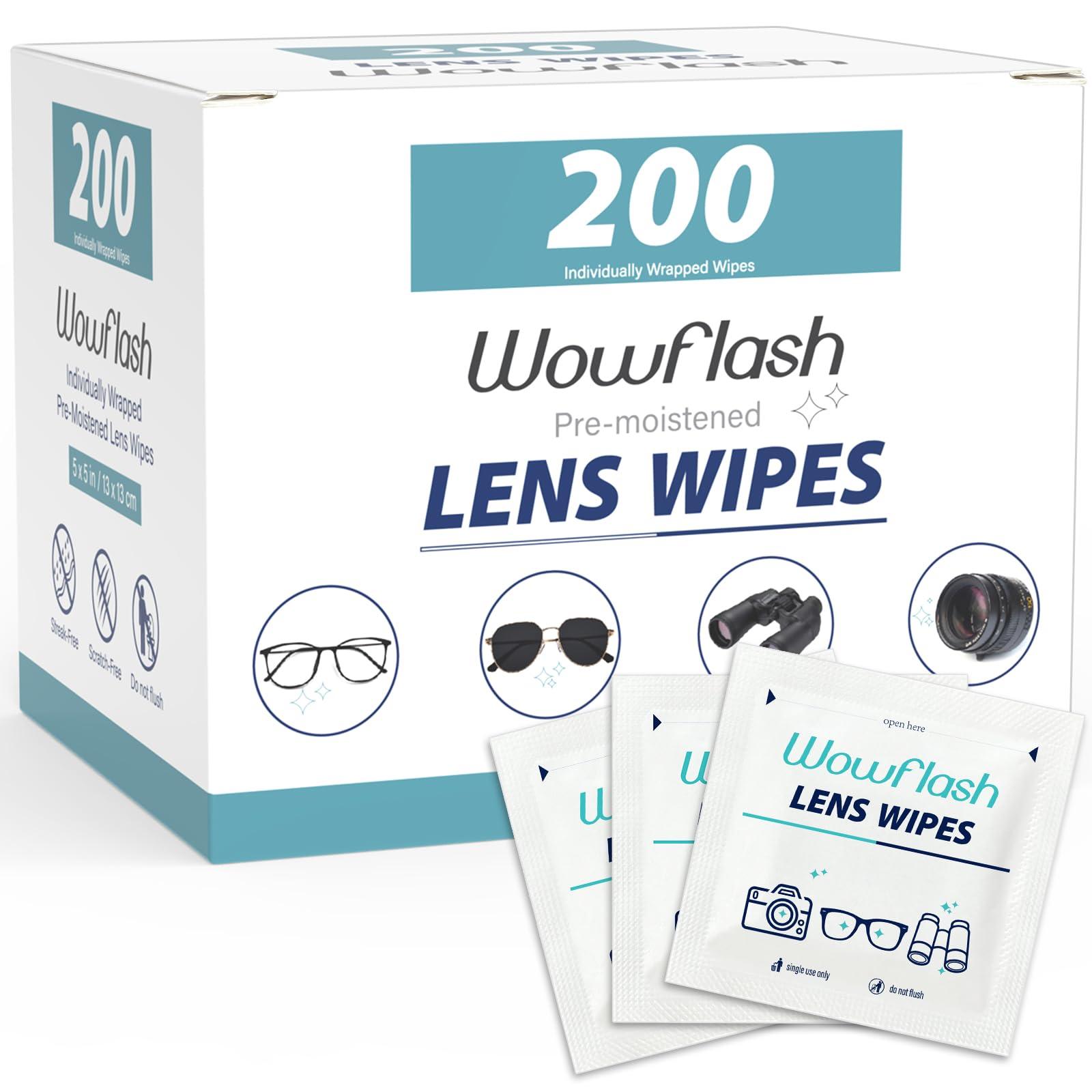 Wowflash 200 Count Lens Wipes for Eyeglasses, Eyeglass Lens Cleaning Wipes Pre-moistened Individually Wrapped Sracth-Free Streak-Free Eye Glasses Cleaner Wipes for Sunglass, Camera Lens, Goggles
