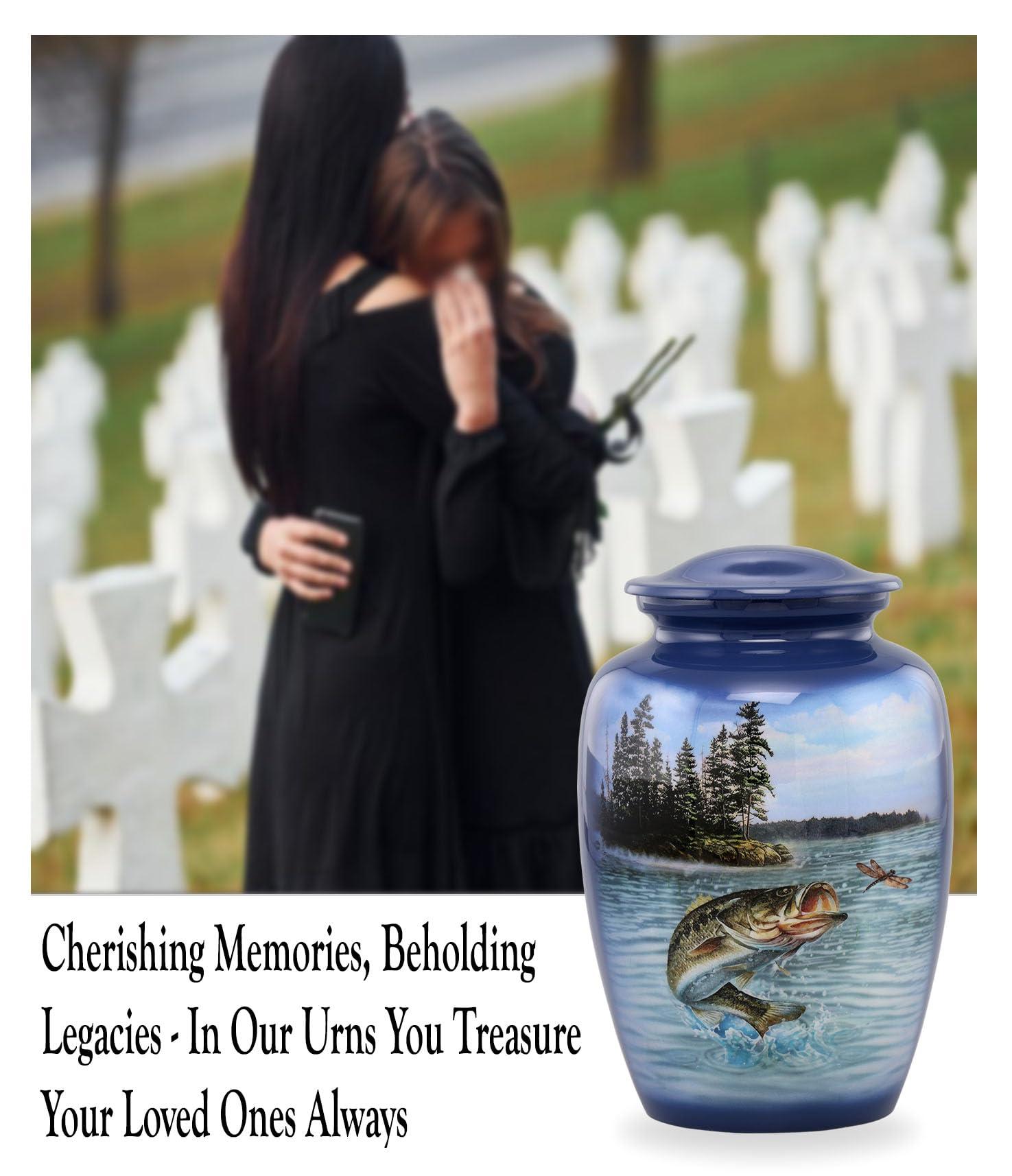 Immortal Memories Bass Fishing Large Urn - Cremation Urn for Human Ashes Male & Female - Heart Fishing Urn - Handcrafted Funeral Memorial Urn for Adults Urn Velvet Case & Bag (Large)