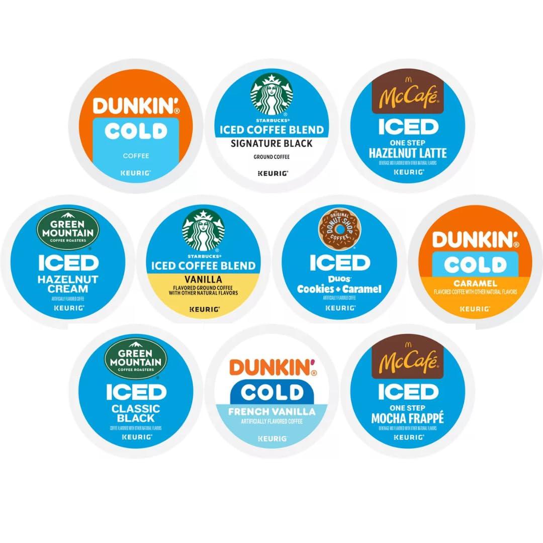 KUPIX 30 Count--Iced Coffee K-Cup Pods Variety Sampler Pack, Includes Starbucks Regular & Vanilla, Green Mountain Cold Brew & Iced, McCafe Mocha Frappe & Hazelnut Latte, Dunkin Donuts Cold & Caramel, Donut Shop Iced Duos for Keurig Brewers