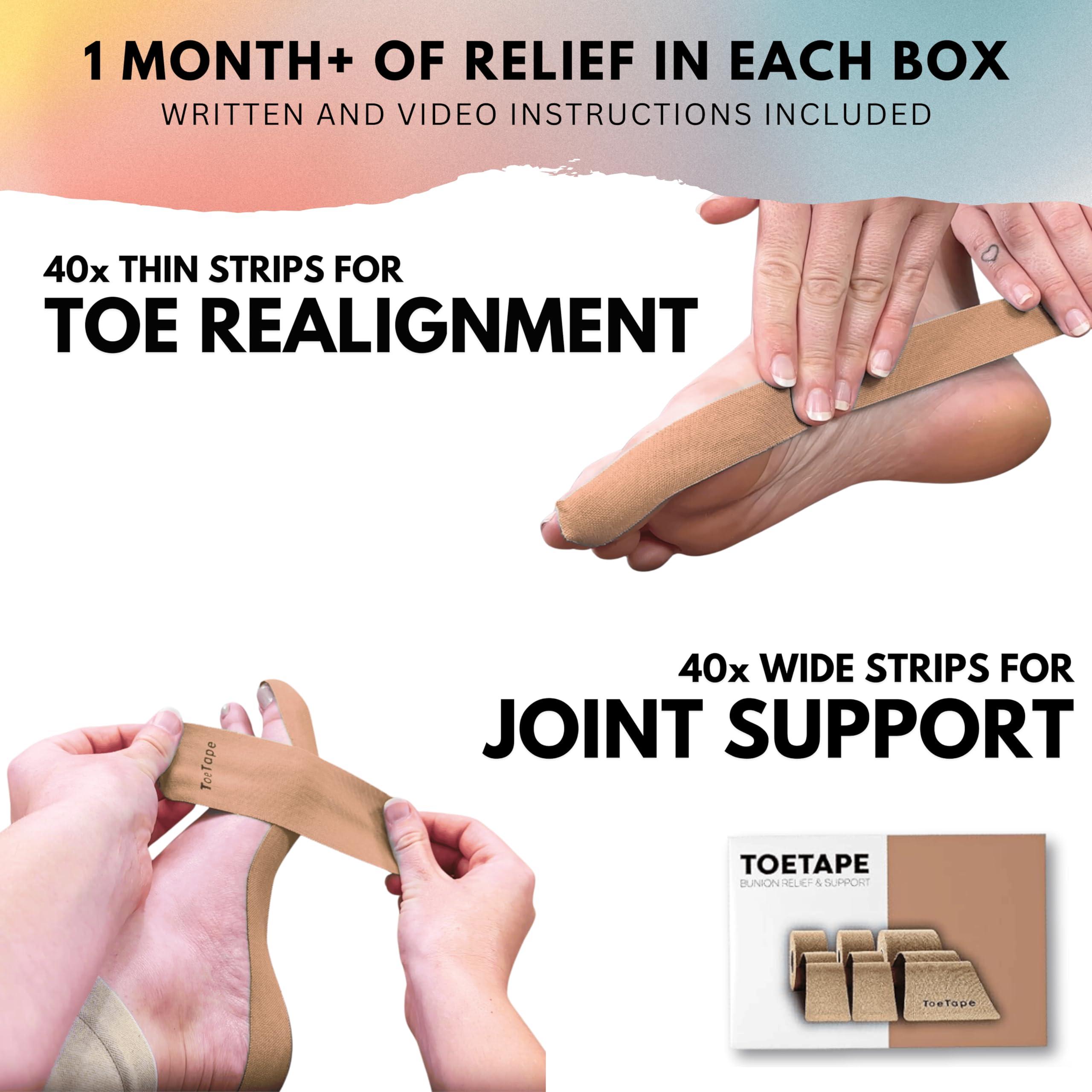 ToeTape Bunion Correction & Pain Relief Tape | 40 Count | Precut Kinesiology Tape for Bunions, Big Toe Sprains, Pain Relief and Support | Hypoallergenic and Sweatproof (Nude)