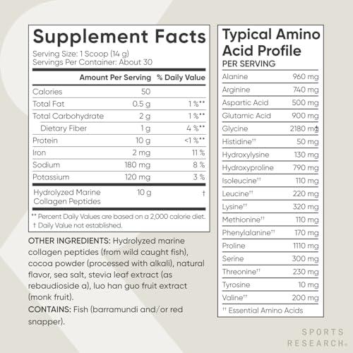 Sports Research Sports Research Marine Collagen Peptides, Dark Chocolate - Hydrolyzed 1&3 Collagen from Wild-Caught Fish - Pescatarian Non-GMO Gluten Free - 30 Servings