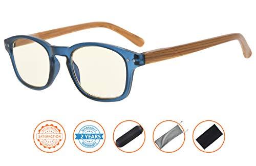 CessBlu Bamboo-look Arms Blue Light Filter UV Protection Computer Reading Glasses Women (Blue) +3.00