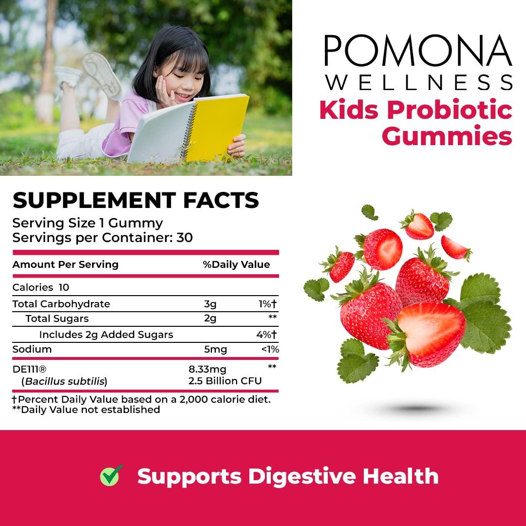 Pomona Wellness Pomona Wellness Organic Probiotic Gummies for Kids, Supports Digestive and Immune Health Helps Minor Abdominal Discomfort & Bloating, Strawberry Flavor, USDA Organic, Vegan, Non-GMO, 30 Count (2 Pack)