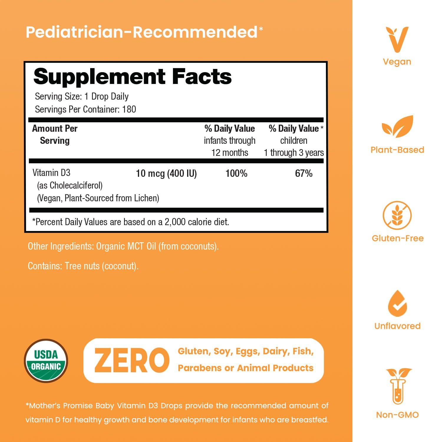 Mother\'s Promise Mother\'s Promise Organic Baby Vitamin D Drops | 100% Plant Based | Healthy Growth & Bone Development | Age Newborn+ | 180 Servings | Baby Vitamin D3 Liquid for Infants & Toddlers | 400 IU for Babies