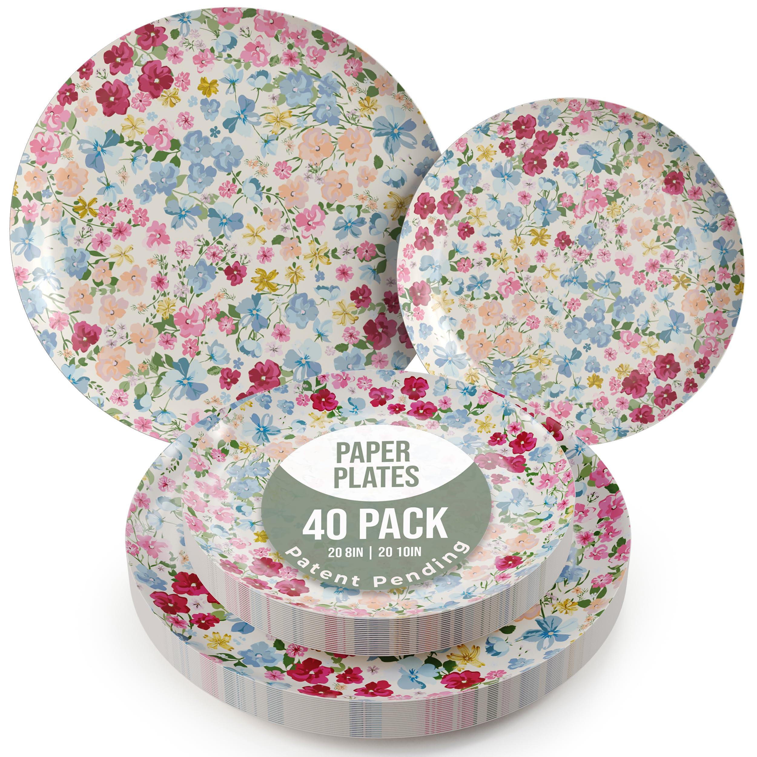 Trendables Trendables Floral Paper Plates 40 Pcs Fancy Disposable Plates for Party Set - 20 Guests 20 X 8 Small Paper Plates Dessert Plates & 20 X Large Paper Plates 10 Inch Paper Plates Bulk | Meadow