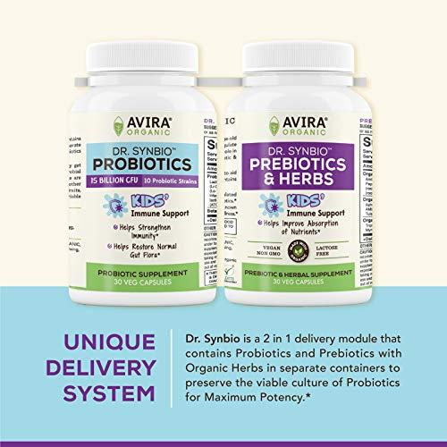 Avira Organic Dr. Synbio Kids’ Immune Support Probiotics & Organic Prebiotics – Triphala & Chicory, 10 Billion CFU & 10 Multiple Strains, Helps Restore Normal Gut Flora & Improve Absorption, Delayed Release