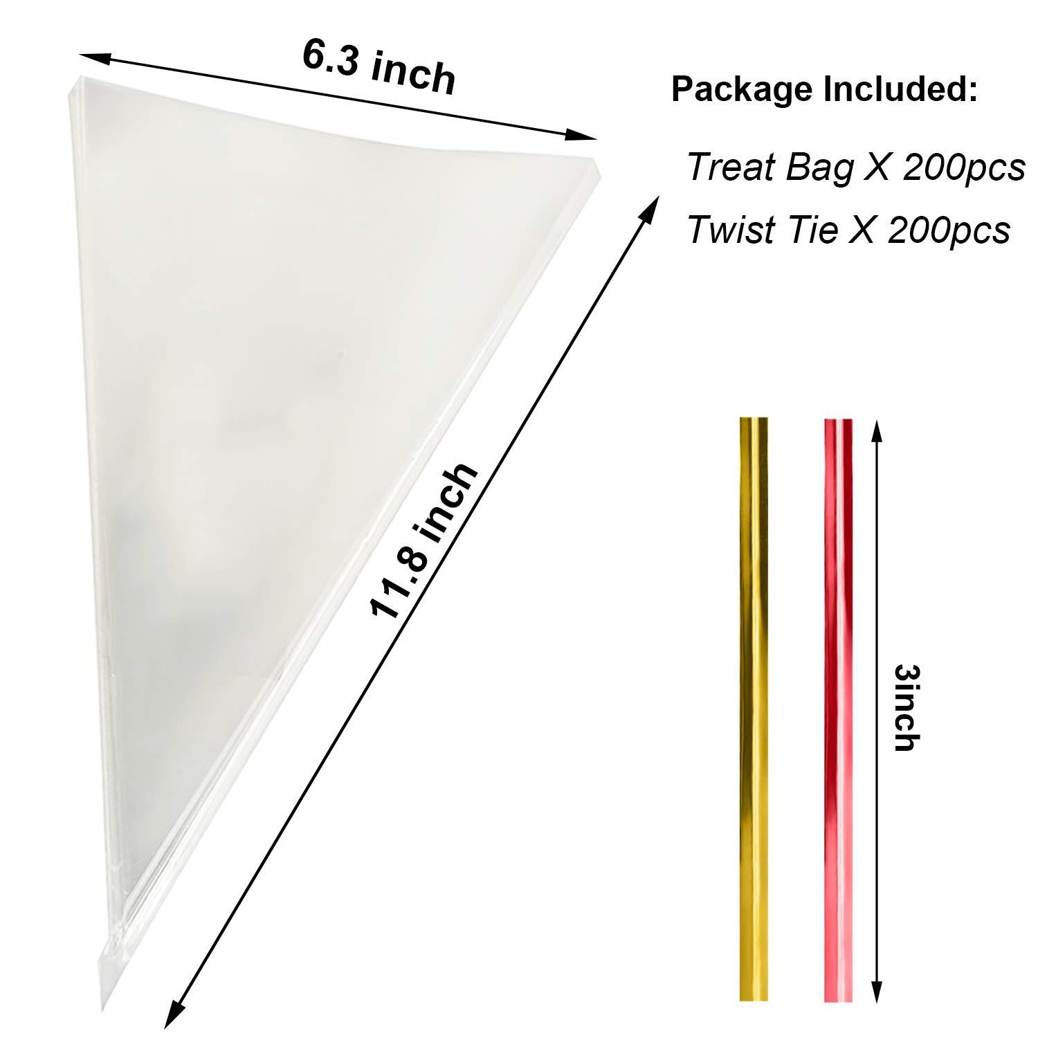 Morepack Cone Cellophane Bags,200 PCS 6.3\"x11.8\" Cello Clear Cone Shaped Treat Bags with Twist Ties, Plastic Cone Bags Triangle Bags for Popcorn Favor Candy