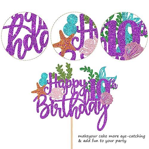 YCTHUNFISH 1 Pack Mermaid 10th Cake Topper Happy Birthday Cake Pick Summer Ocean Sea Creature Happy Birthday Mermaid Cake Decoration for Summer Baby Shower Kids Ten Birthday Party Supplies Purple