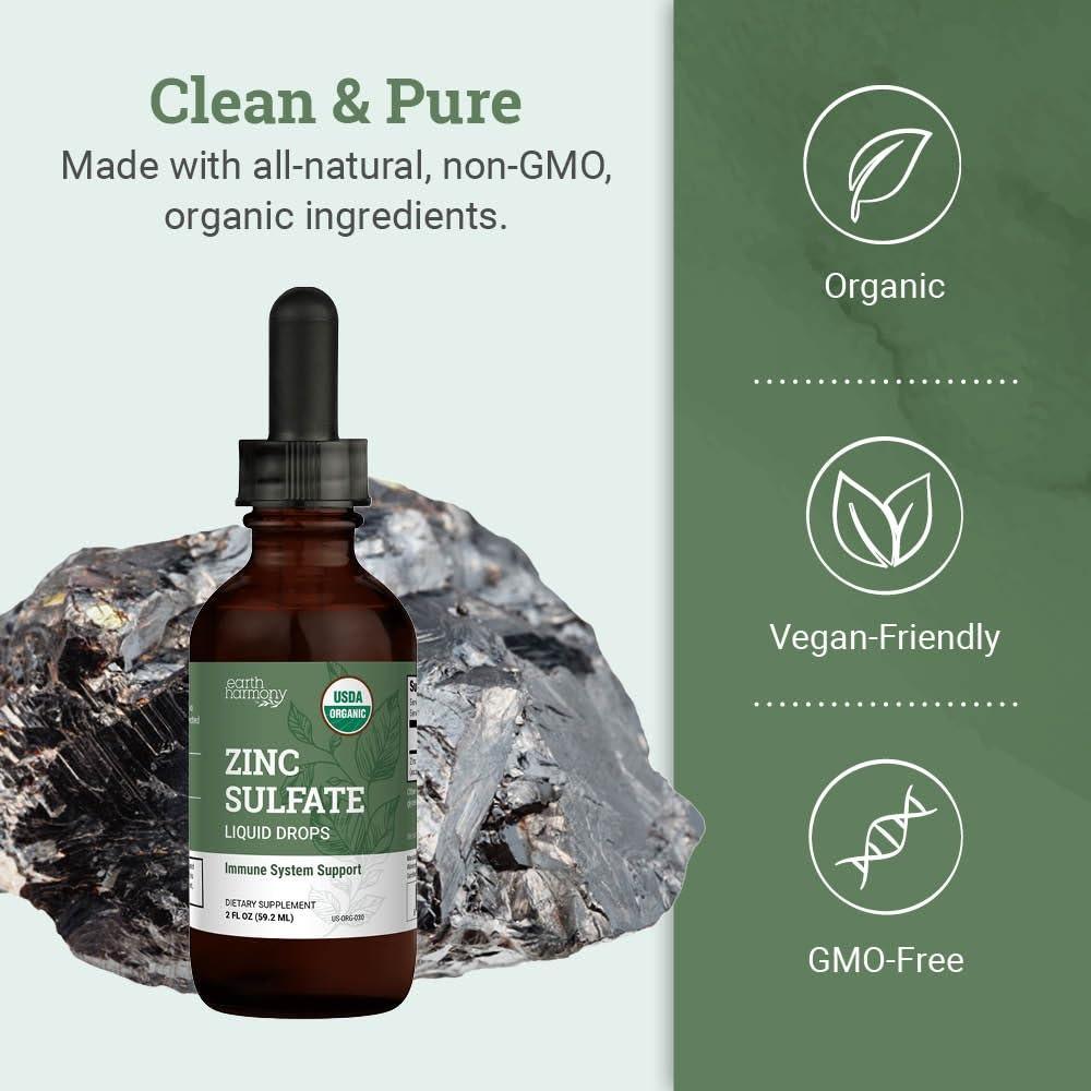 Earth Harmony Naturals Organic Liquid Zinc Sulfate - Pure Zinc Supplements for Skin Health, Immune System Function and Normal Cell Growth in Adult Men & Women - Non-GMO, Vegan 7.5mg - 2 Fl Oz