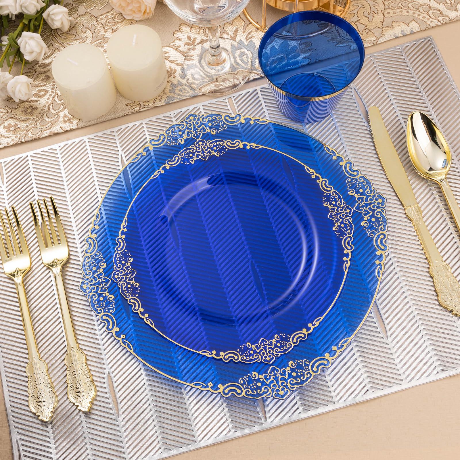 Bestluck Bestluck 350PCS Clear Blue Plastic Plates for 50 Guests, Disposable Plates with Gold Trim include 50 Dinner plates, 50 Dessert Plates, 150 Gold Silverware, 50 Cups, 50 Napkins for New Years Eve