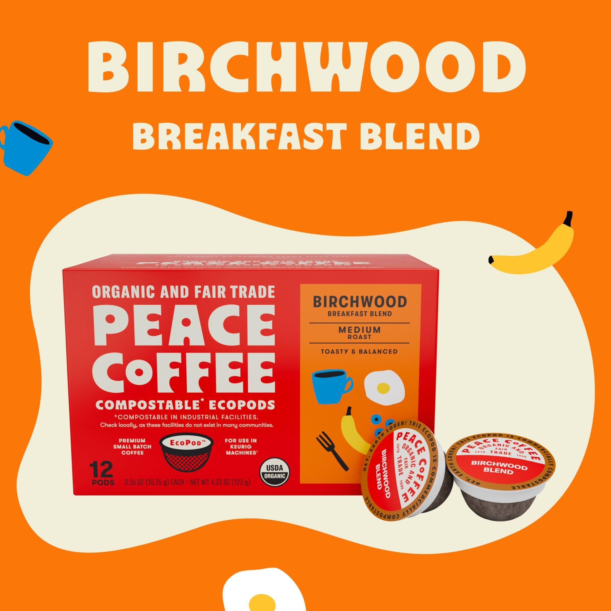 Peace Coffee Peace Coffee Birchwood Coffee Pods | Breakfast Blend, Medium Roast | Organic Fair Trade | Shade Grown, Fresh Roasted | 72 Count