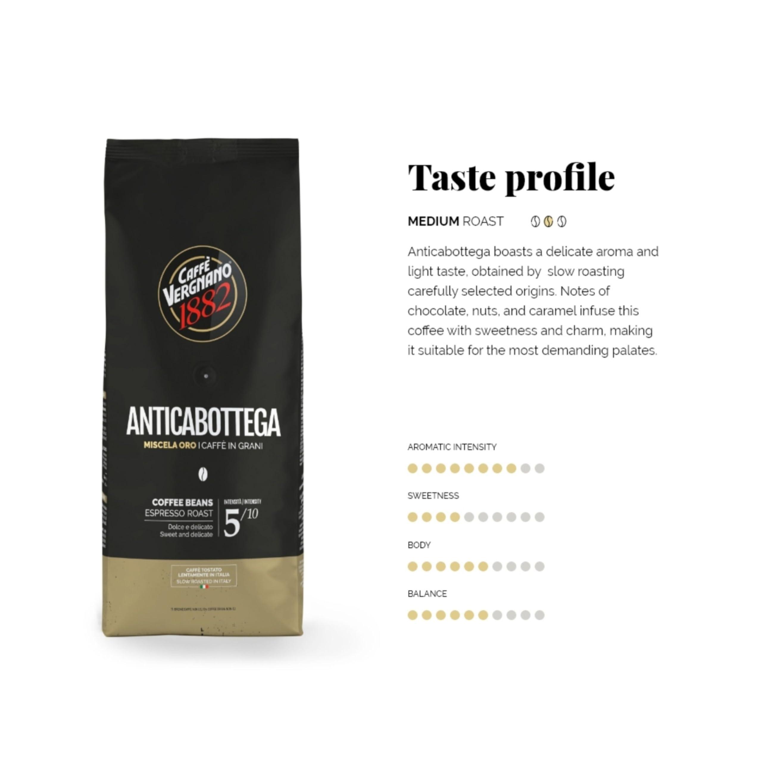 Caffe' Vergnano 1882 Caffe Vergnano 1882 Antica Bottega Whole Bean Arabica Medium Roast Espresso, 1.1 lbs Bag - Italian Coffee Beans with notes of Chocolate, Nuts & Caramel, Intensity 5/10-500g Bag