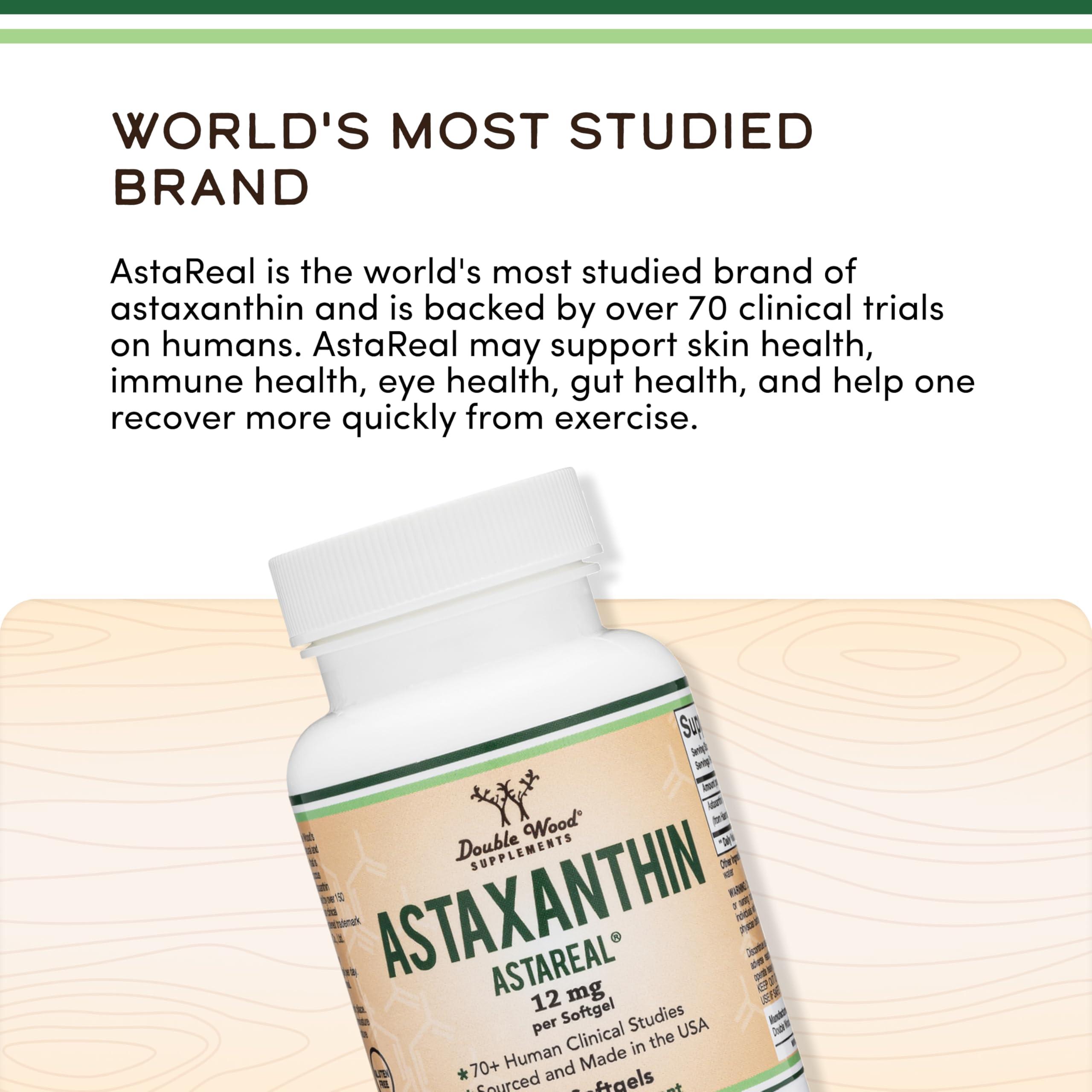 Double Wood Supplements Astaxanthin 12mg Max Strength (AstaReal: Natural Patented Astaxanthin with 70+ Human Clinical Trials - World's Most Studied Brand) Grown, Harvested, and Made in The USA (Astaxantina) by Double Wood