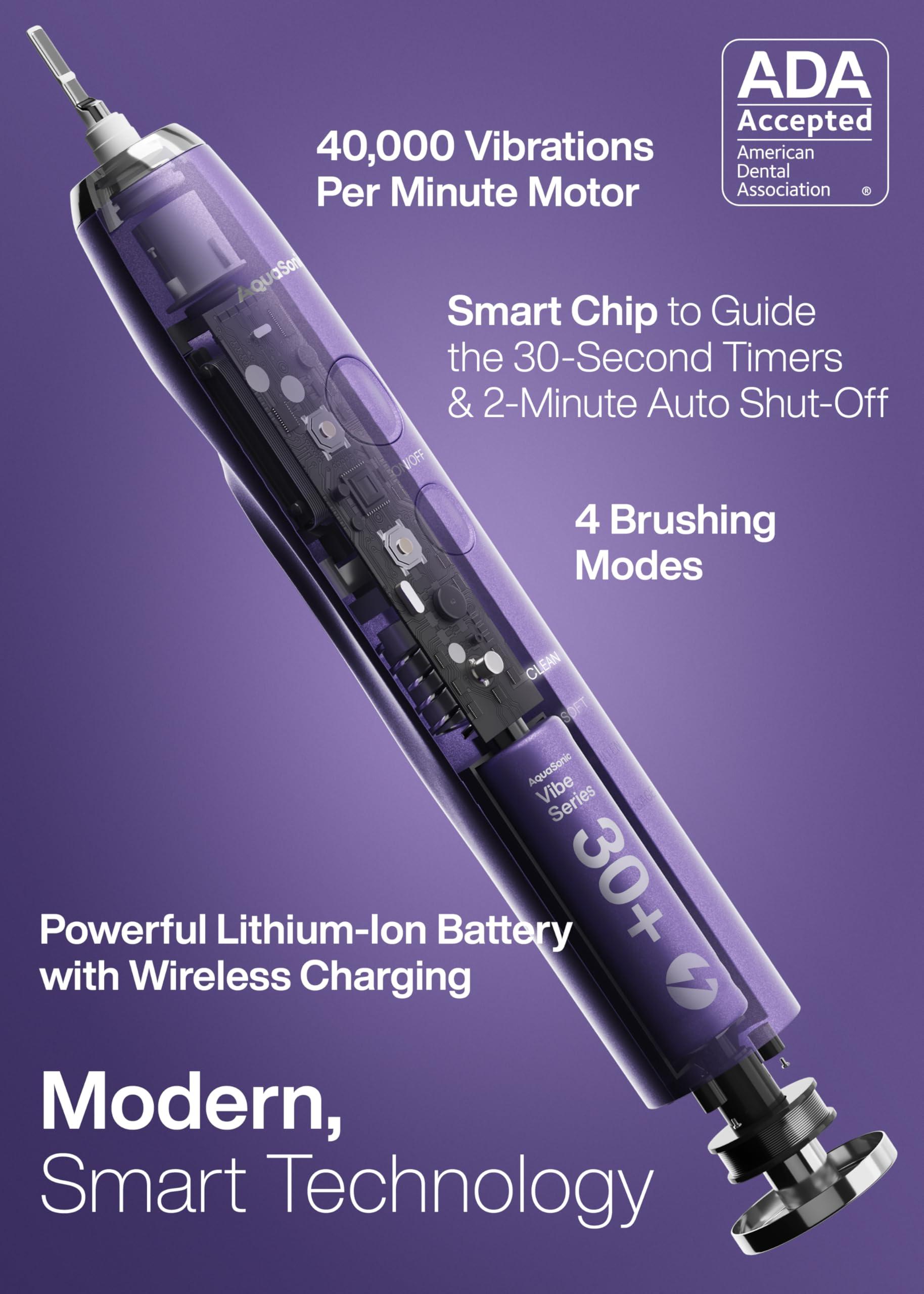 Aquasonic Aquasonic Vibe Series Ultra-Whitening Toothbrush ADA Accepted Electric Toothbrush - 8 Brush Heads & Travel Case 40,000 VPM Motor & Wireless Charging - 4 Modes w Smart Timer Satin Violet