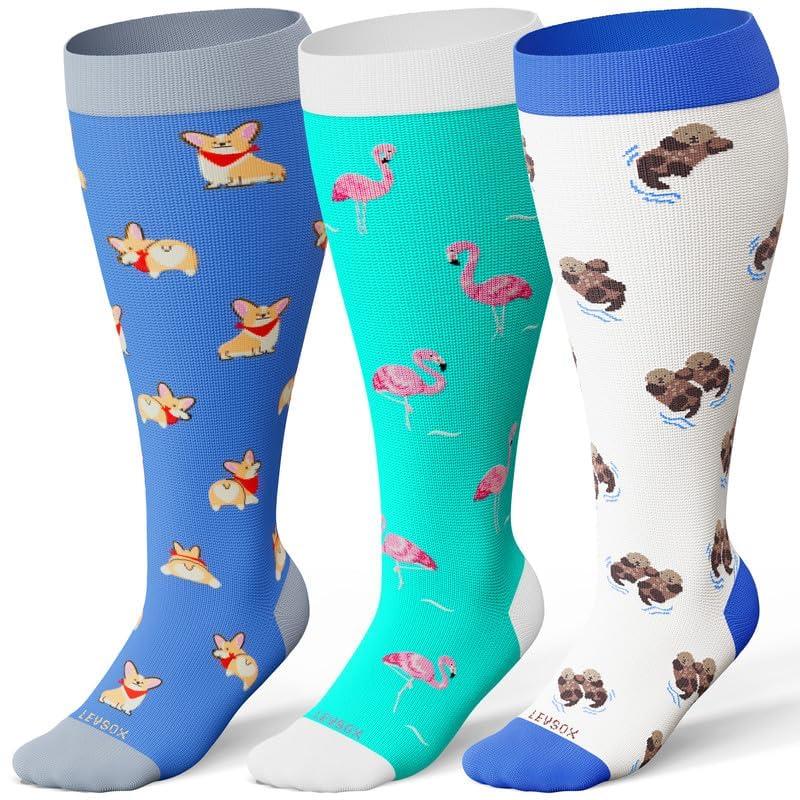 LEVSOX LEVSOX Wide Calf Compression Socks for Women Men Plus Size 15-20 mmHg Extra Large Knee High Support Sock for Nurses Pregnant Travel