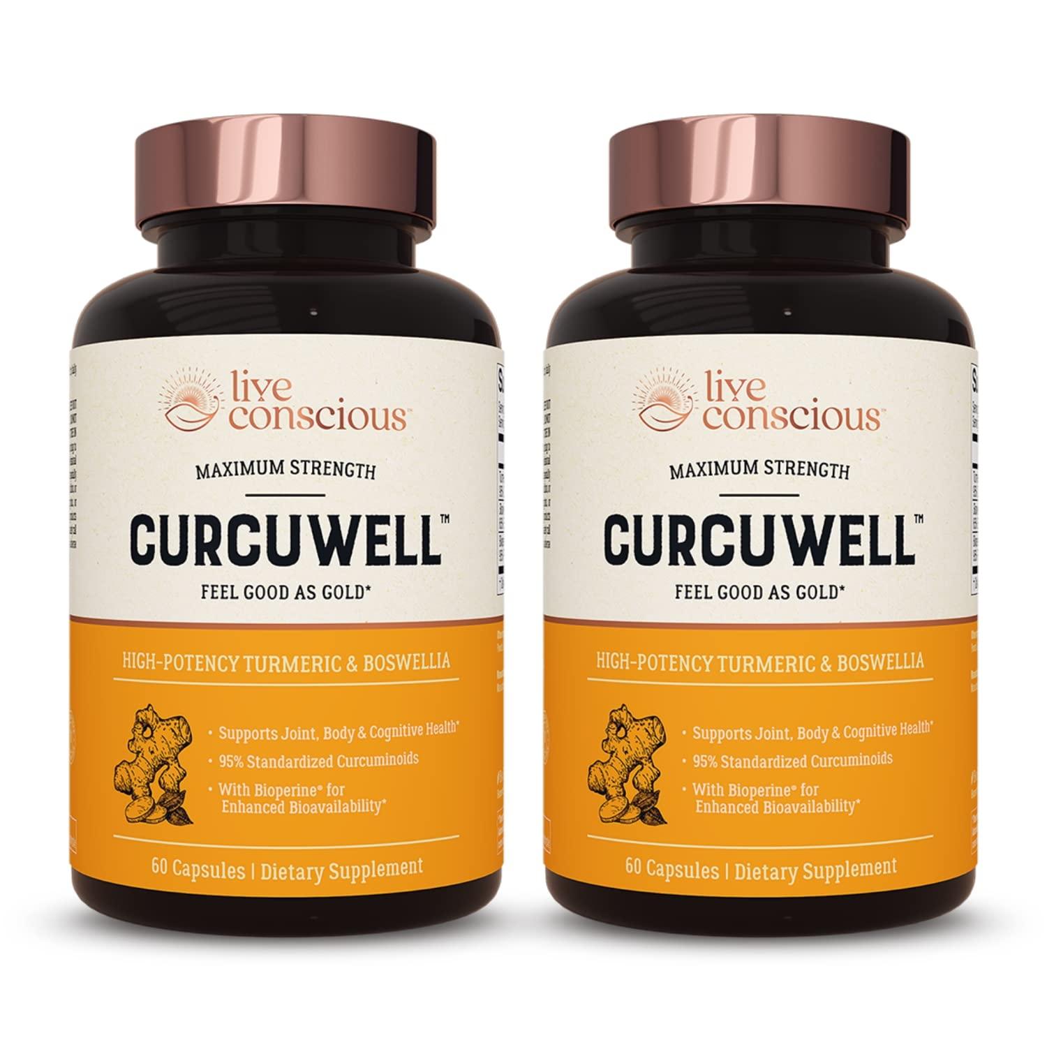 Live Conscious Live Conscious CurcuWell - Curcumin and Boswellia Blend | Maximum Strength Joint, Body and Cognitive Support - 60 Day Supply (2-Pack)