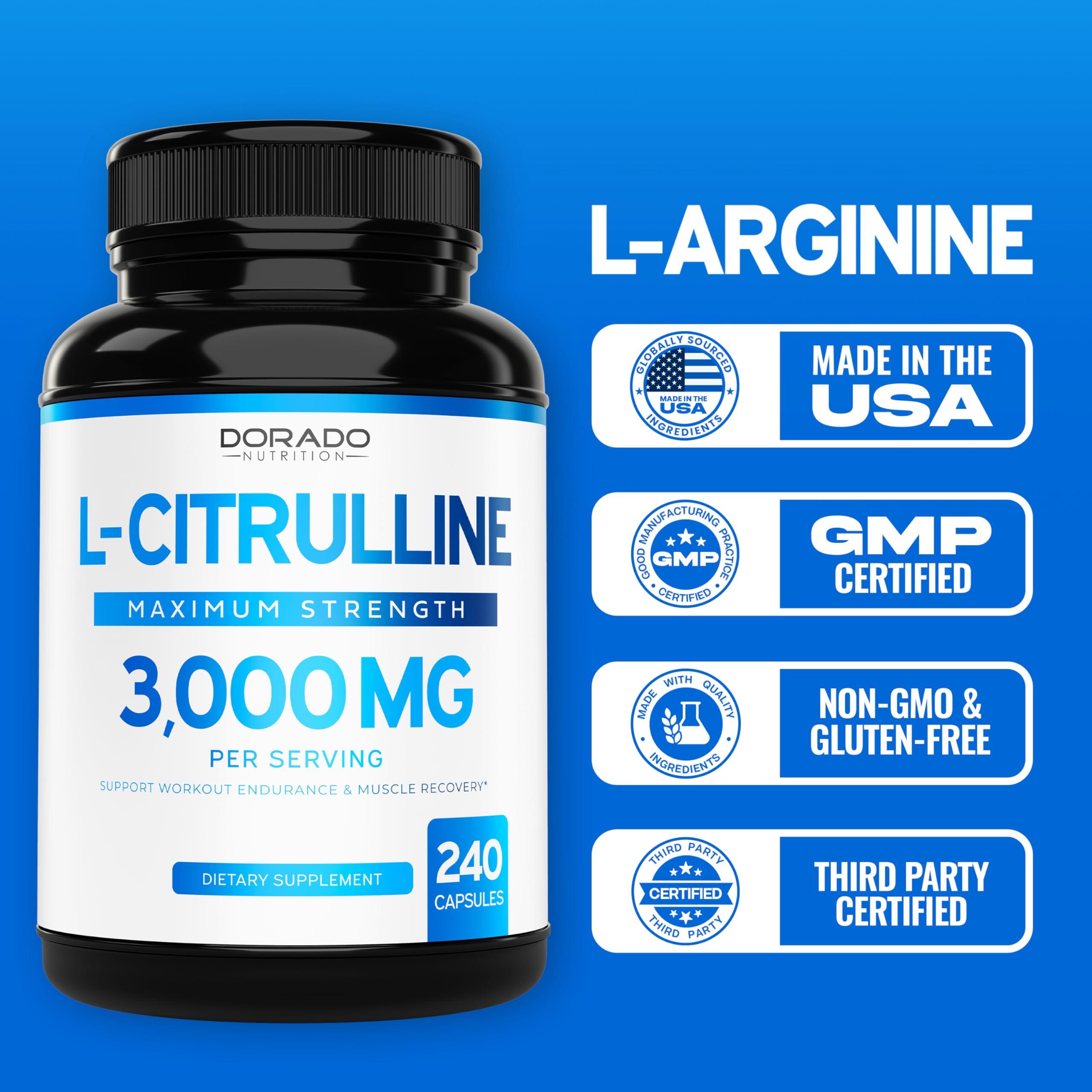 DORADO NUTRITION L Citrulline 3000mg Supplement (240 Capsules) Support L Arginine & Nitric Oxide Pills - Stamina, Endurance, Performance for Workouts - NO Supplements for Men - Gluten Free, Non-GMO, Vegan Capsules