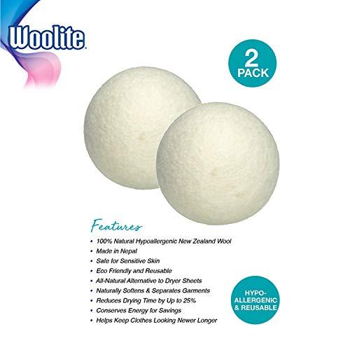 Woolite WOOLITE Reusable Wool Laundry Dryer Balls, Cuts Drying Time in Half, Natural Fabric Softener, Reduces Clothing Wrinkles, Eco-Friendly, Money Saver, 2-Pack