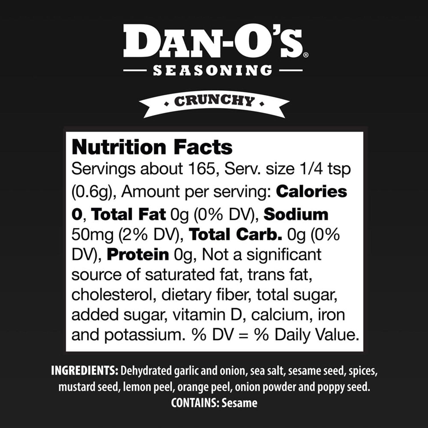 Dan-O's Dan-O\'s Crunchy Seasoning - Great on Chicken, Meats, Veggies, Fish, Snacks, Anything - All-Purpose, All-natural, Sugar Free, Zero Calorie Seasoning for Cooking Anything - Small bottle (3.5 oz)