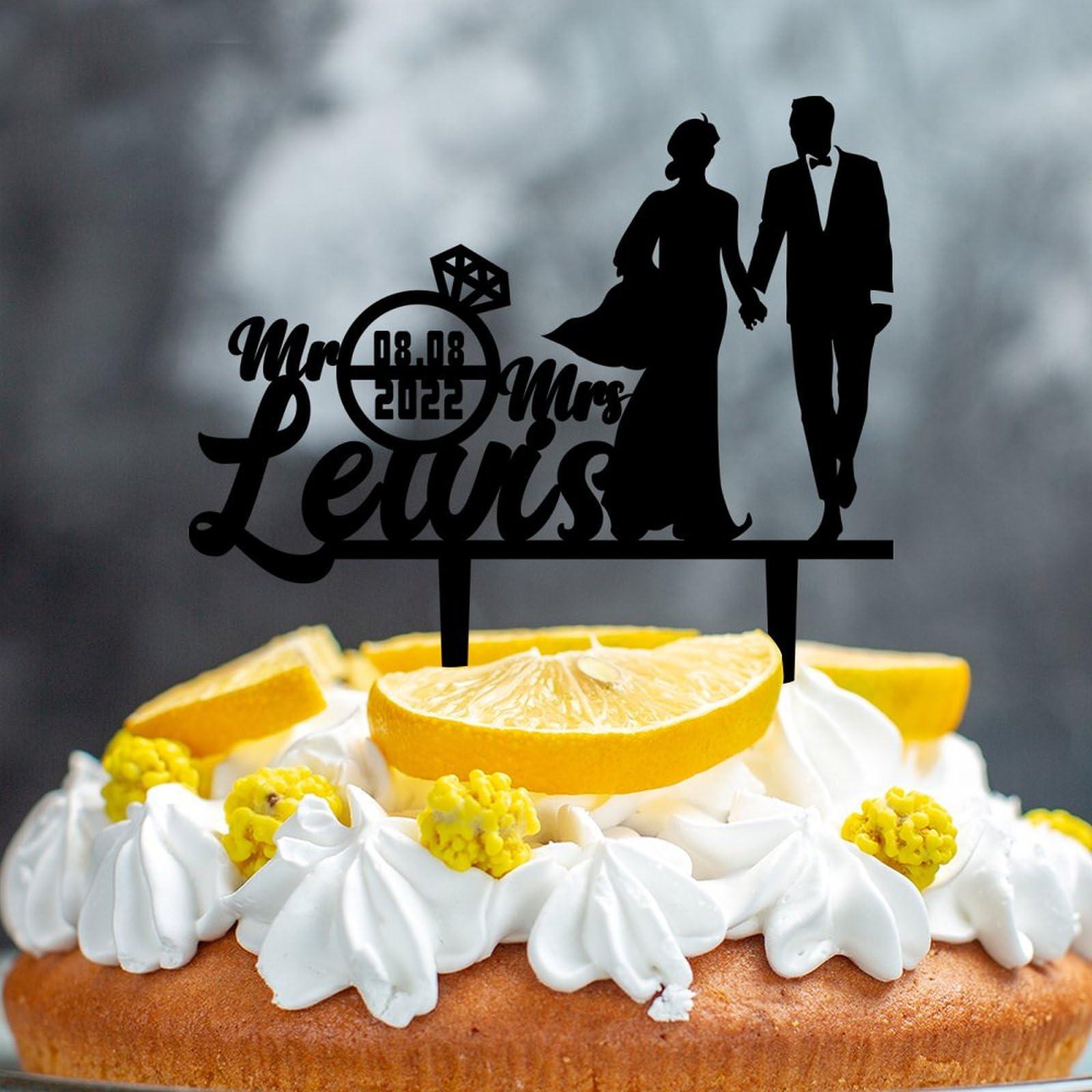 UanMere Personalized Wedding Cake Topper, Acrylic Cake Toppers, Bride And Groom Customized Last Name And Date Mr Mrs, Rustic Cake Toppers for Cake Bridal Shower