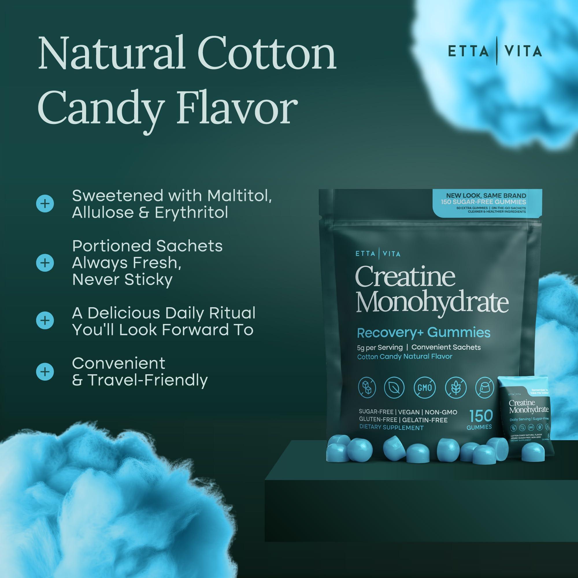 Etta Vita Sugar-Free Creatine Monohydrate Gummies (1g/Gummy) Potent Creatine Gummies for Men & Women, Creatine Supplement for Muscle Support, Cellular Energy, Cognitive Function - Non-GMO, Gluten-Free, Vegan