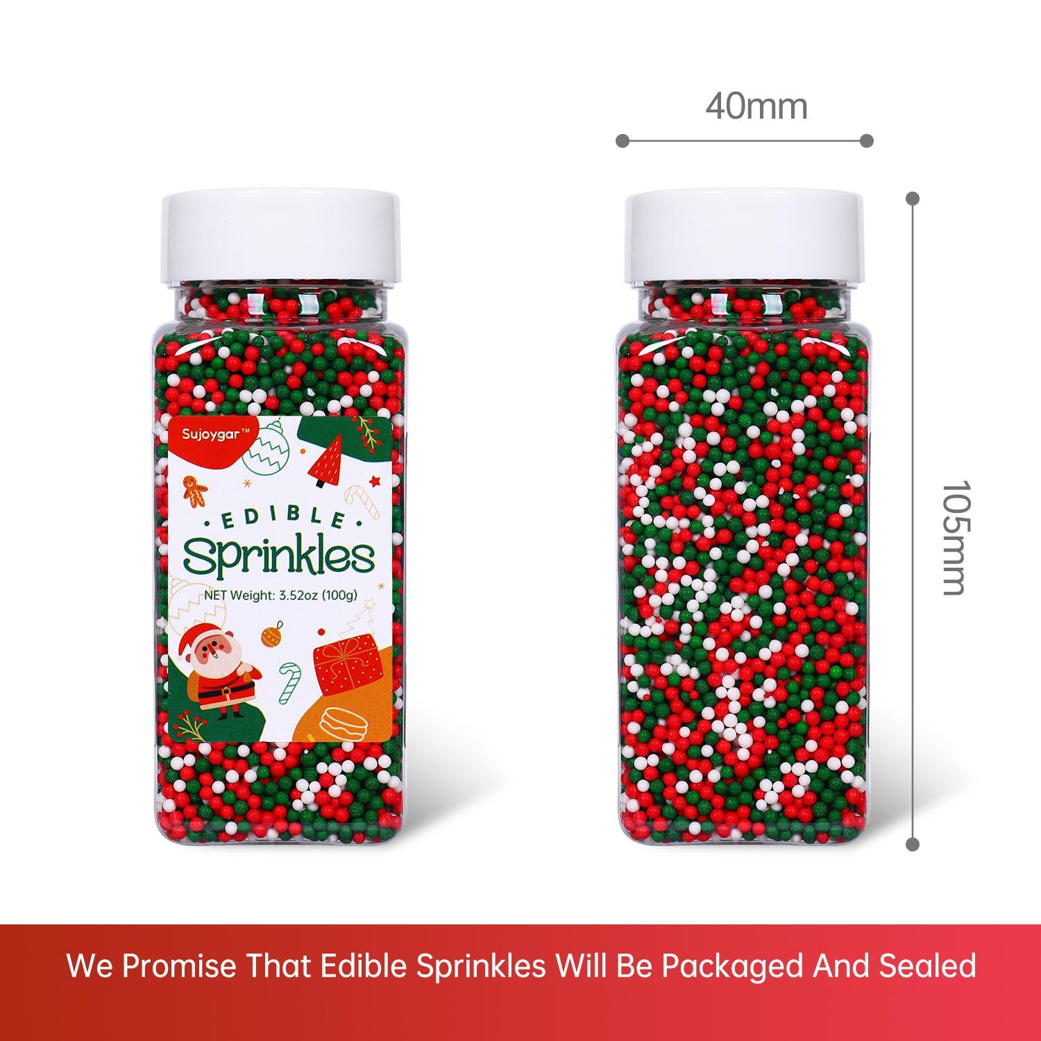 Sujoygar Christmas Nonpareils Sprinkles, 3.52oz Christmas Sprinkles for Cake Decorating, Edible Round Sprinkles for Cupcake Toppers Baking Cookie Ice Cream Dount Chocolate, Food Grade